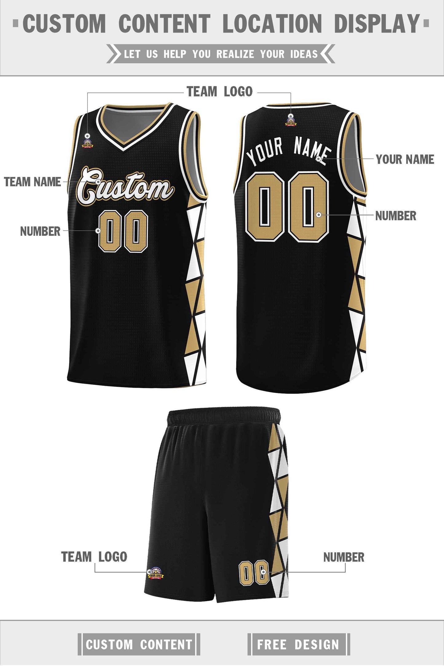 Custom Black Old Gold-White Side Two-Color Triangle Splicing Sports Uniform Basketball Jersey Limited