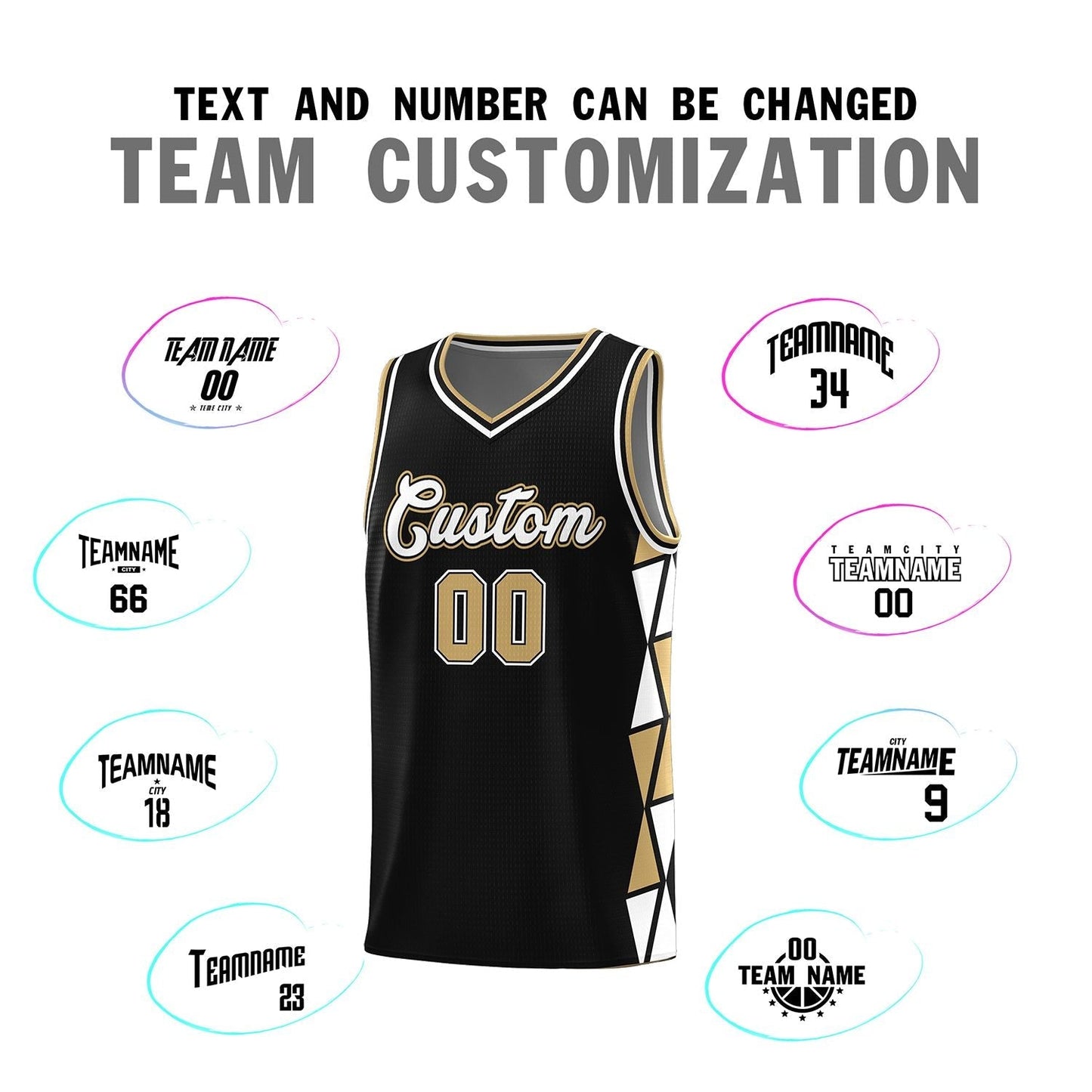 Custom Black Old Gold-White Side Two-Color Triangle Splicing Sports Uniform Basketball Jersey Limited