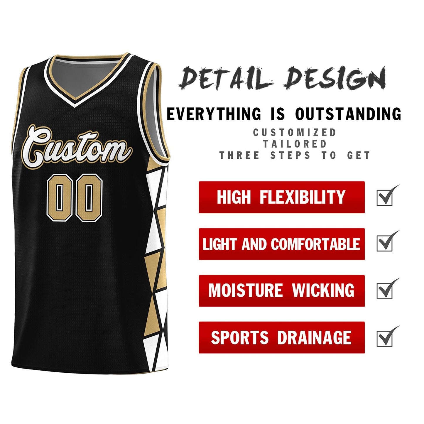 Custom Black Old Gold-White Side Two-Color Triangle Splicing Sports Uniform Basketball Jersey Limited