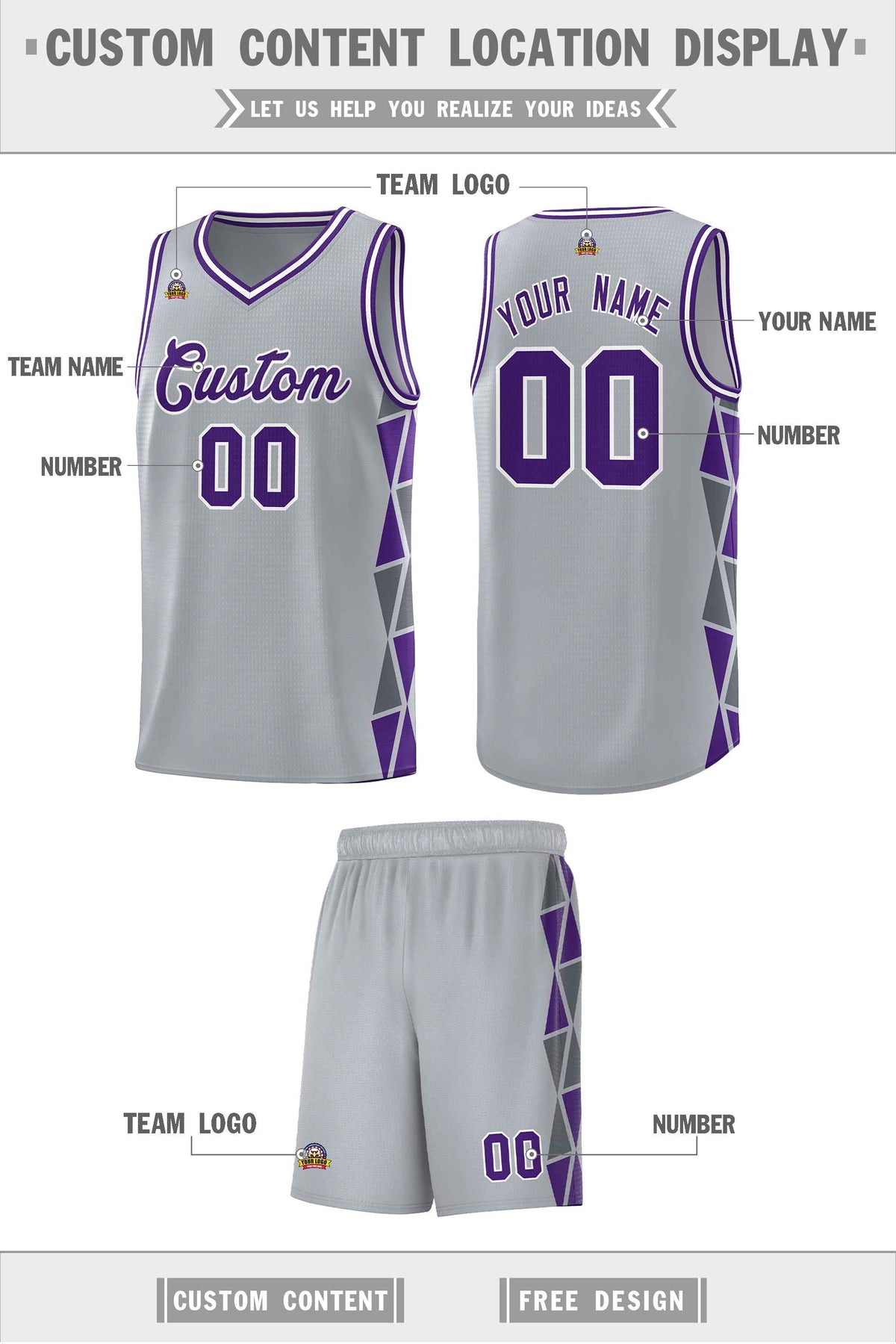 Custom Gray Purple-Dark Gray Side Two-Color Triangle Splicing Sports Uniform Basketball Jersey Limited