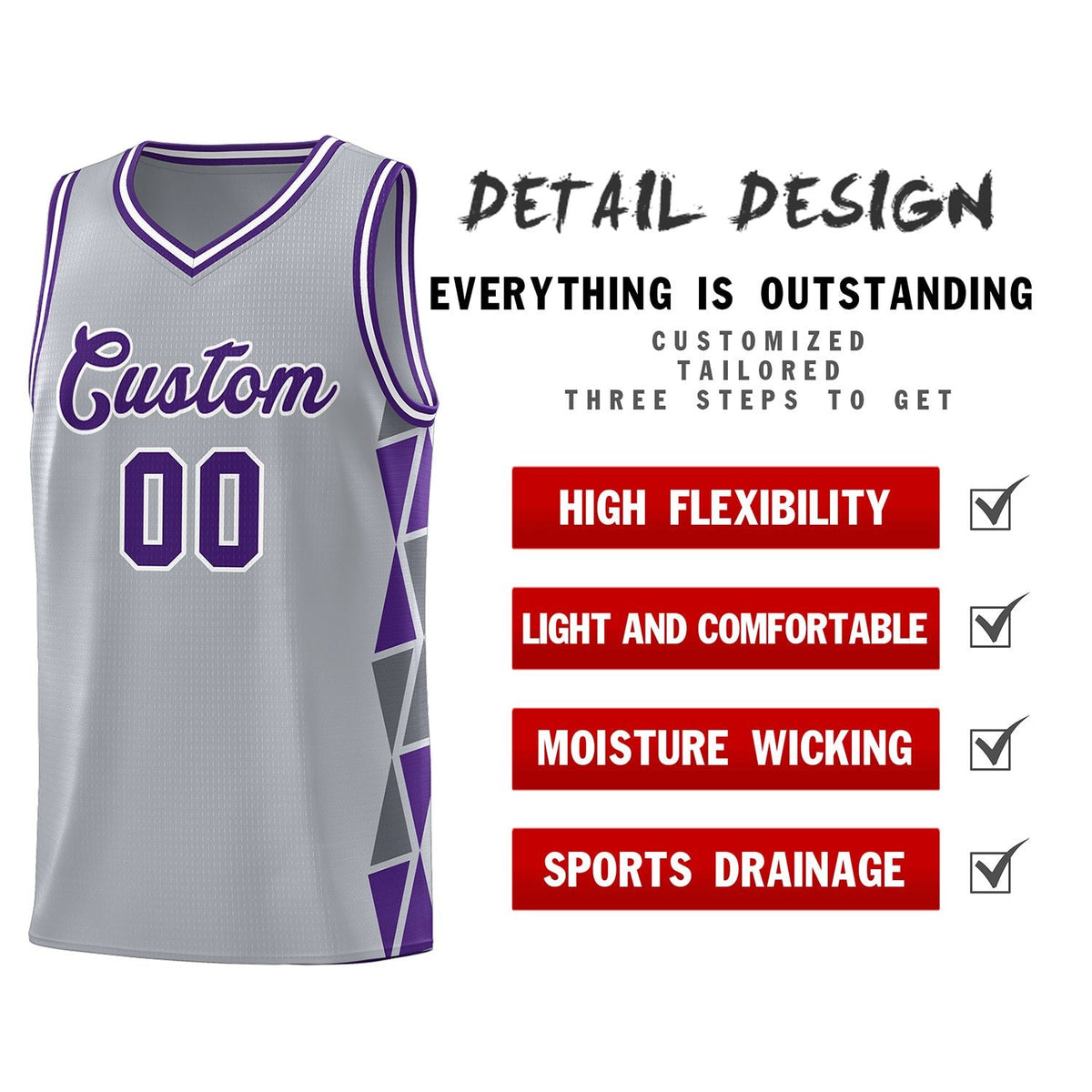 Custom Gray Purple-Dark Gray Side Two-Color Triangle Splicing Sports Uniform Basketball Jersey Limited