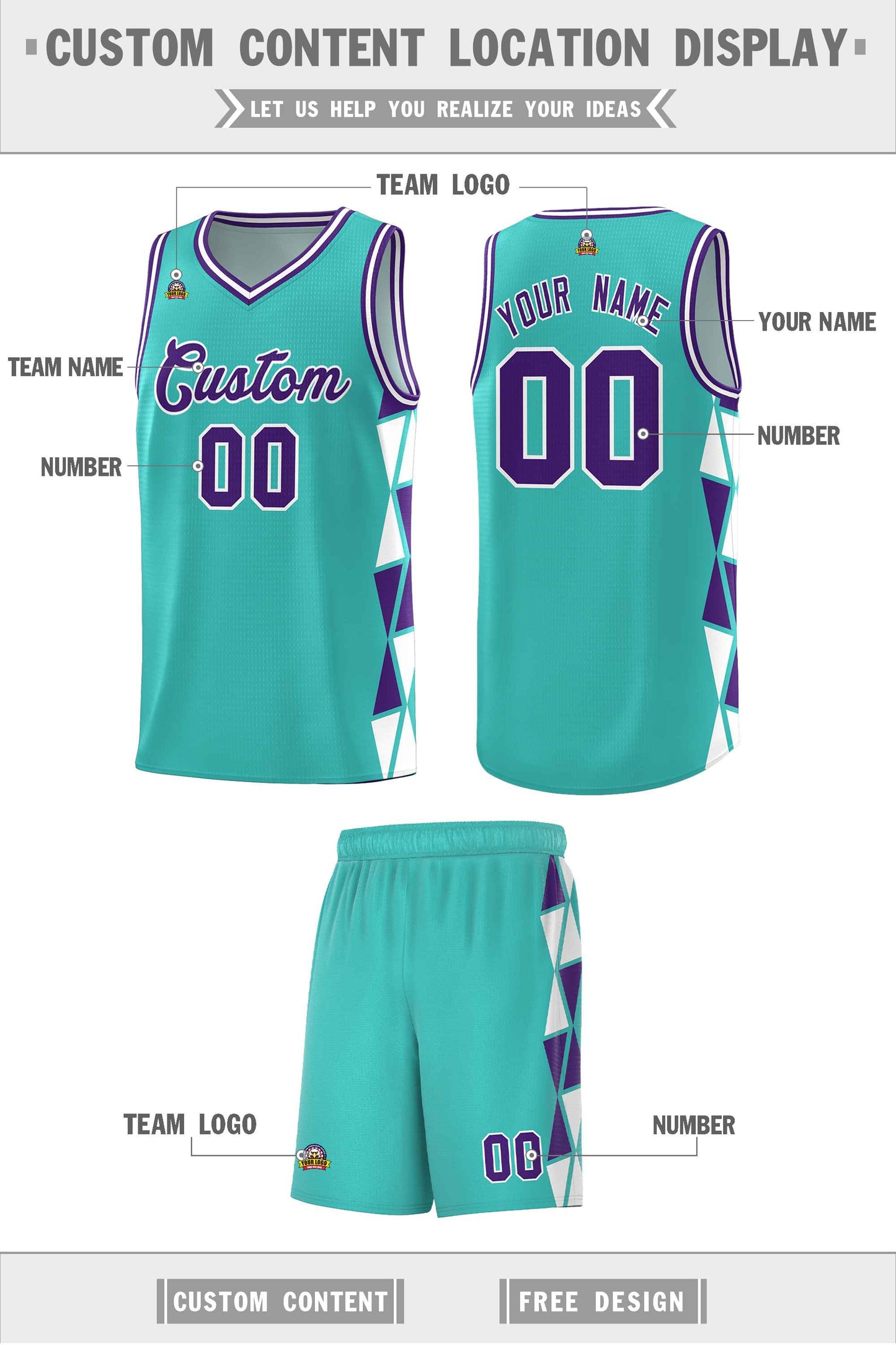 Custom Aqua Purple-White Side Two-Color Triangle Splicing Sports Uniform Basketball Jersey Limited
