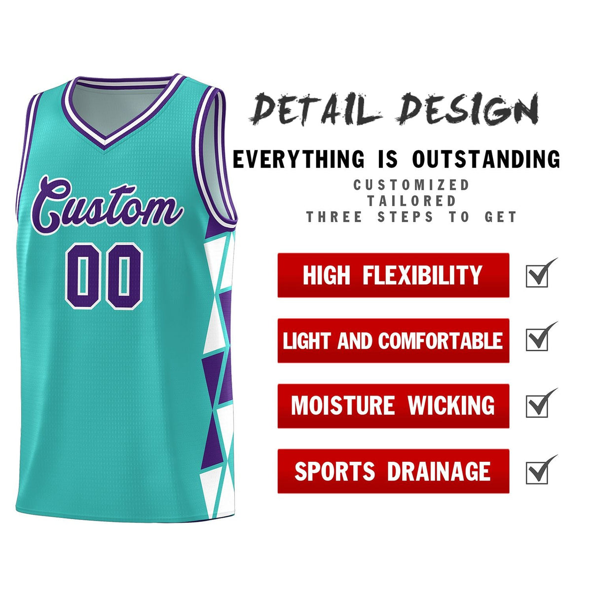Custom Aqua Purple-White Side Two-Color Triangle Splicing Sports Uniform Basketball Jersey Limited