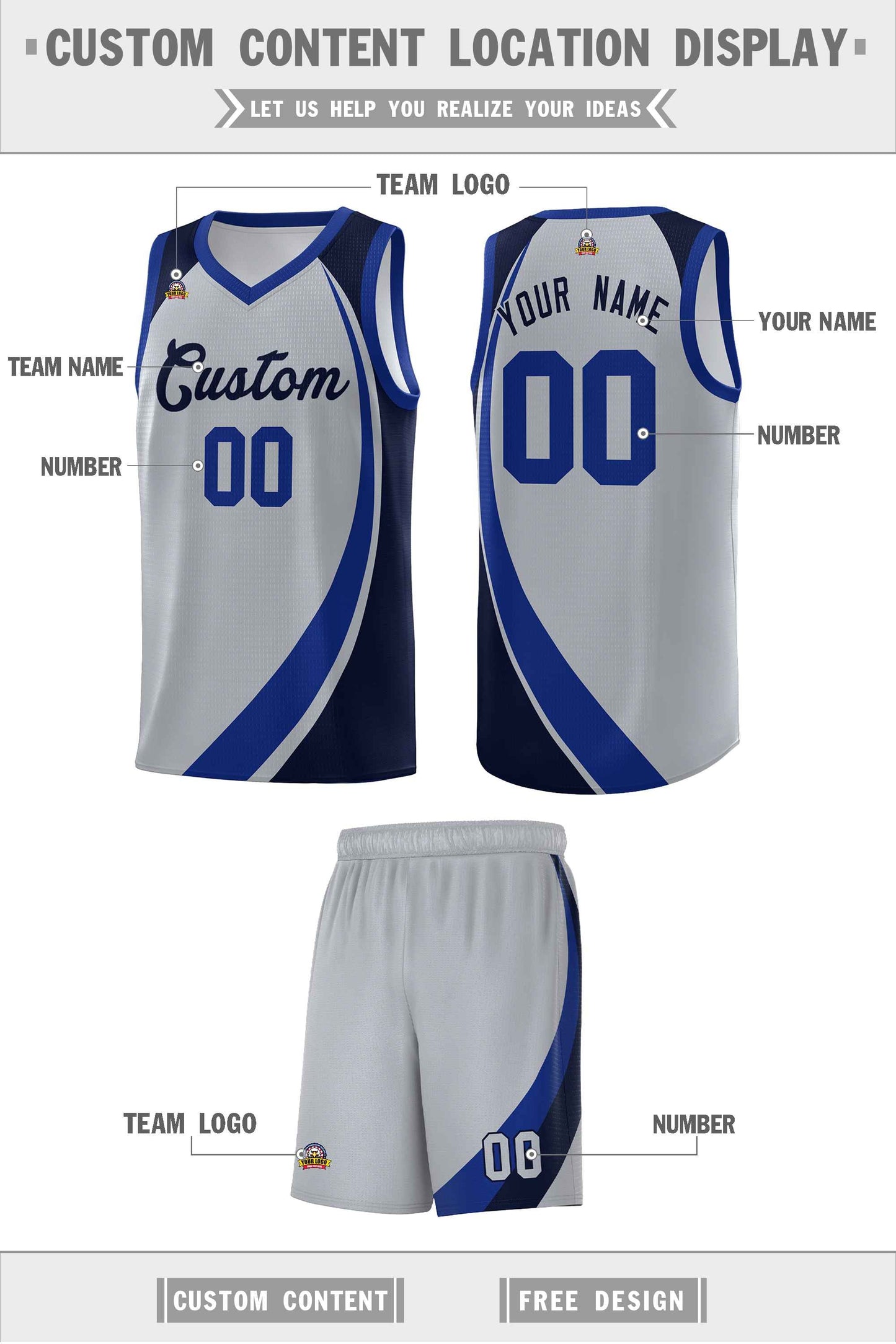 Custom Gray Royal-Navy Color Block Sports Uniform Basketball Jersey Limited