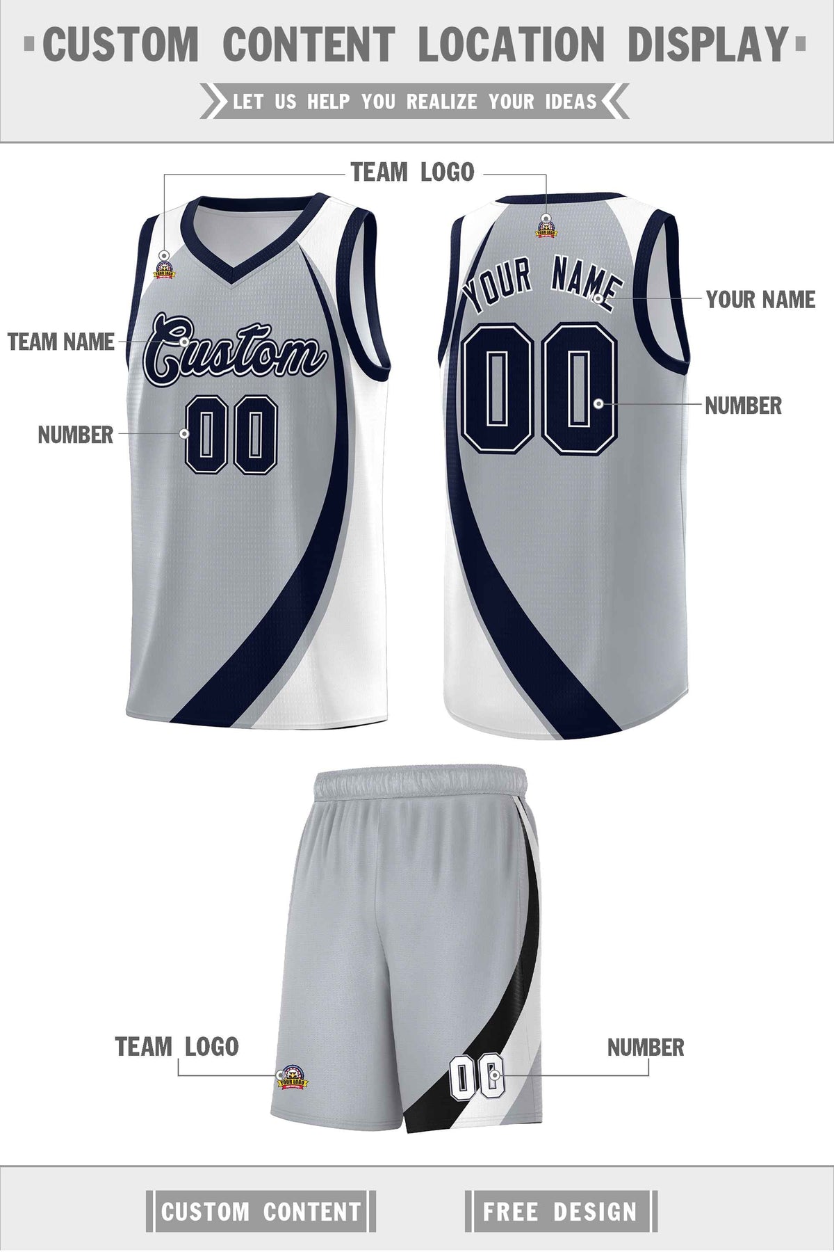 Custom Gray Navy-White Color Block Sports Uniform Basketball Jersey Limited
