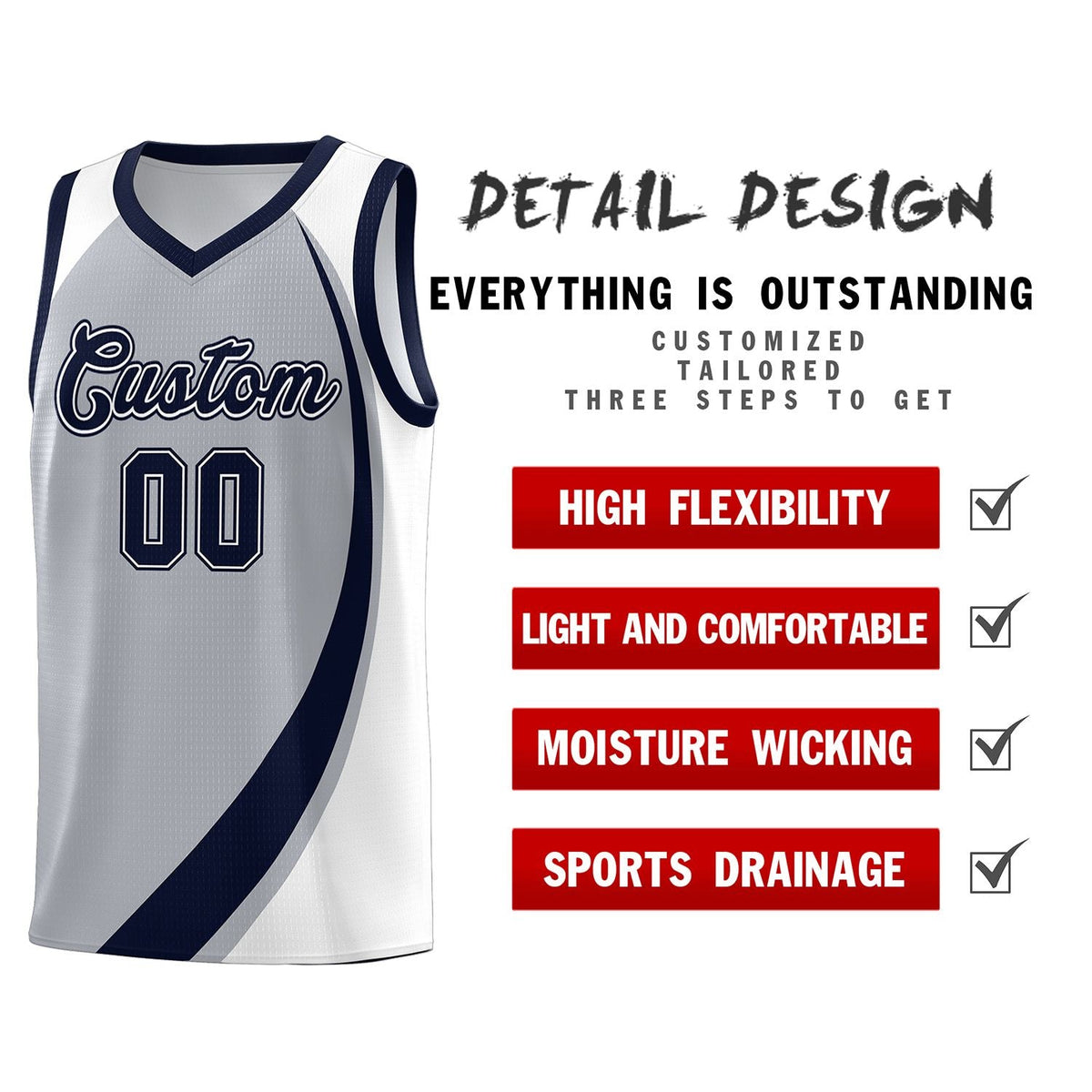 Custom Gray Navy-White Color Block Sports Uniform Basketball Jersey Limited