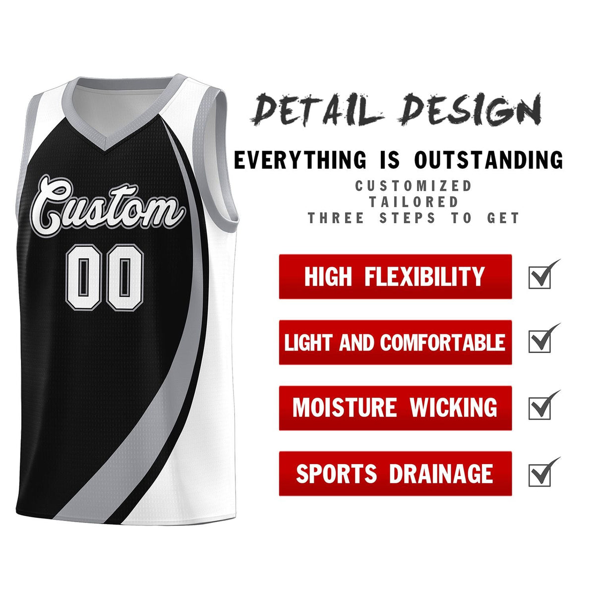 Custom Black Gray-White Color Block Sports Uniform Basketball Jersey Limited