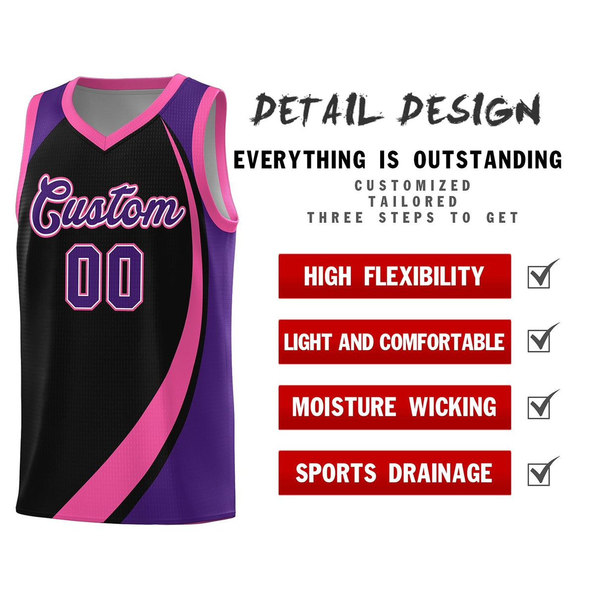 Custom Black Pink-Purple Color Block Sports Uniform Basketball Jersey Limited