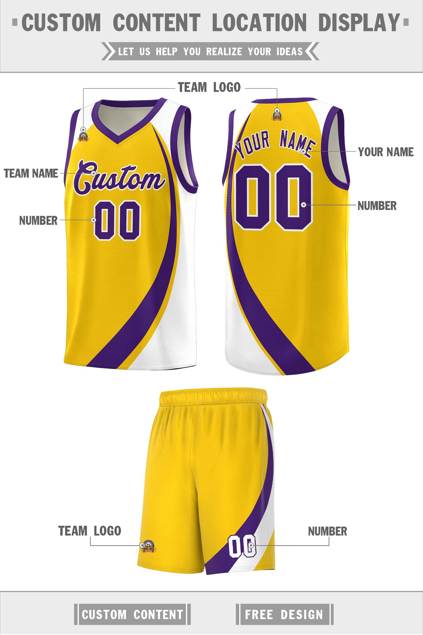 Custom Gold Purple-White Color Block Sports Uniform Basketball Jersey Limited