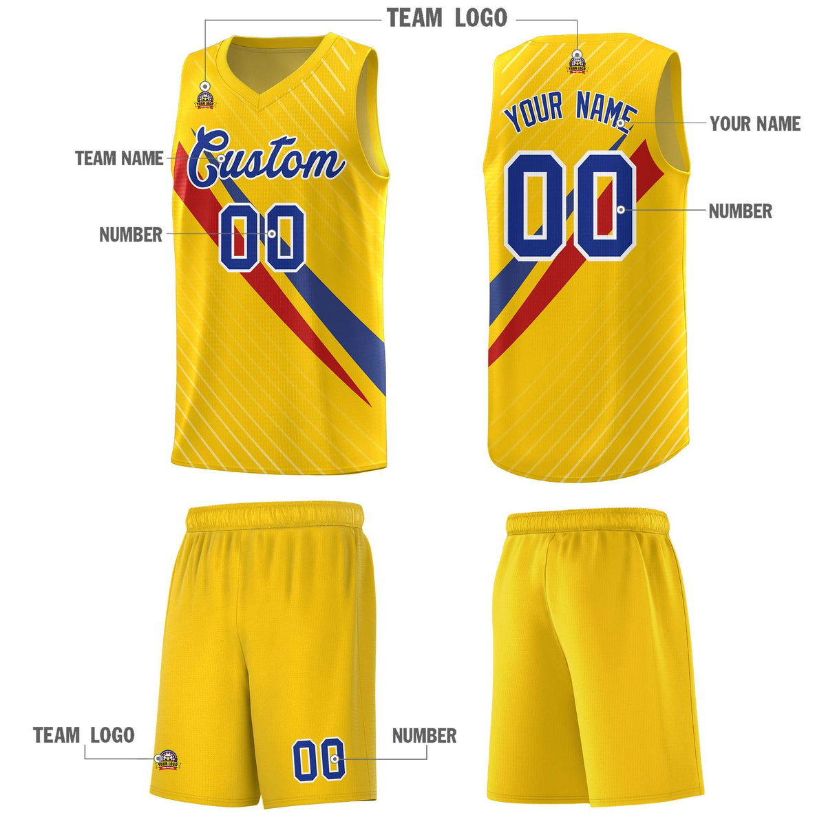 Custom Gold Diagonal Pinstripe Pattern Color Block Sports Uniform Basketball Jersey Limited