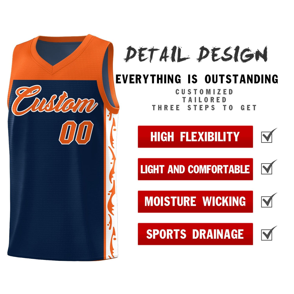 Custom Navy Side Pattern Sports Uniform Basketball Jersey Limited