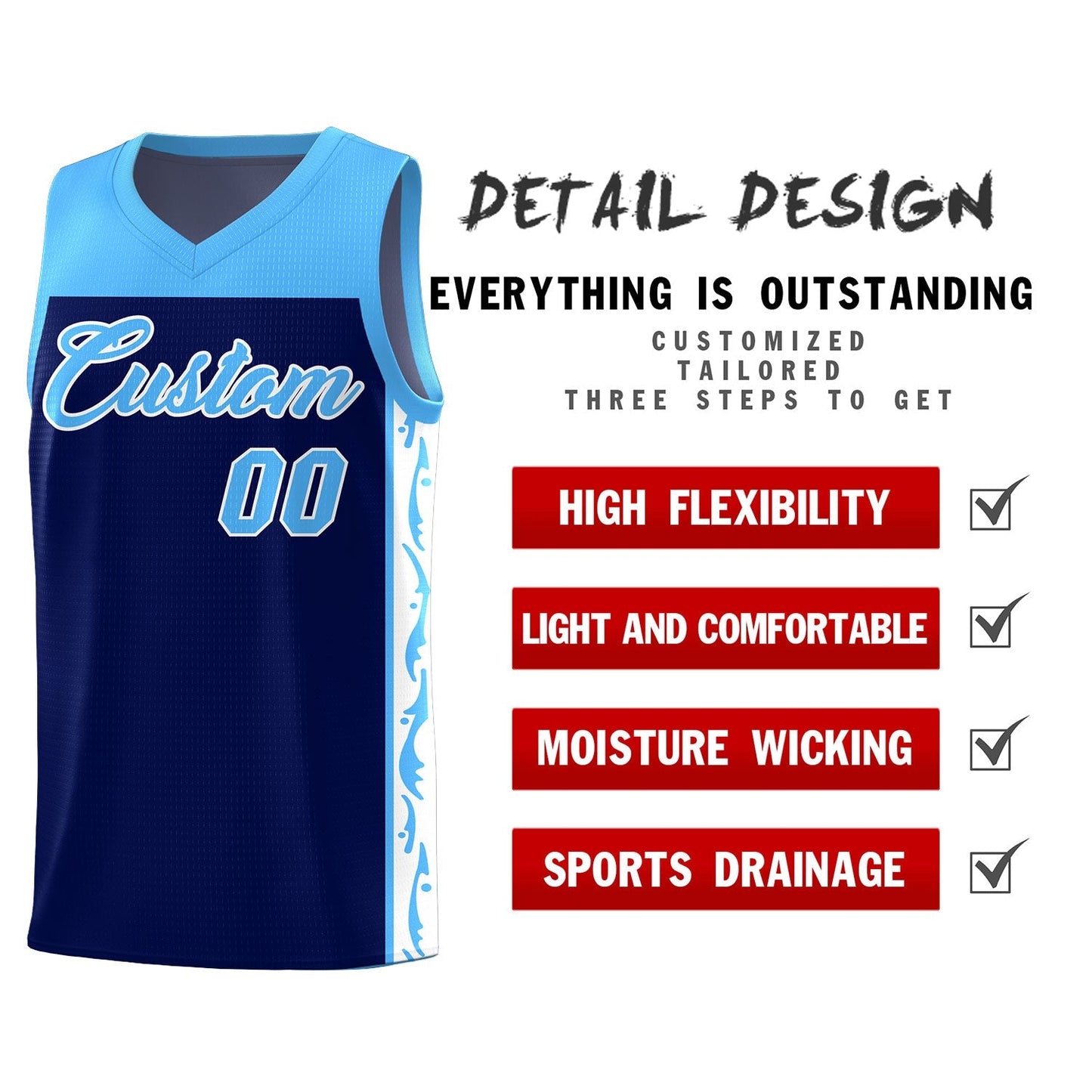 Custom Navy Side Pattern Sports Uniform Basketball Jersey Limited