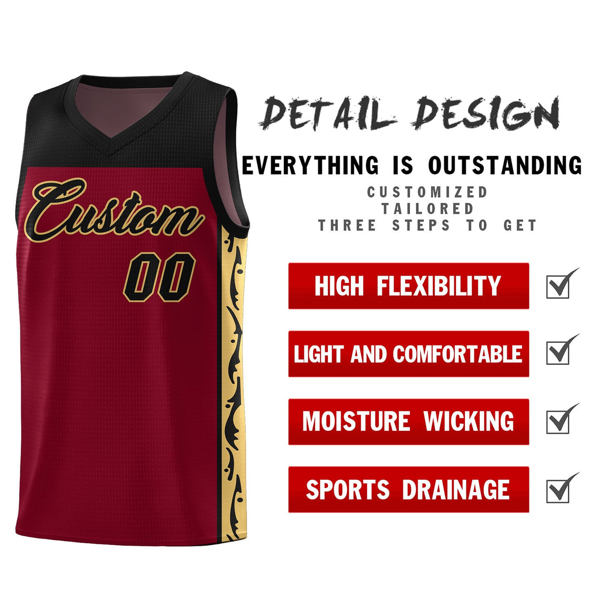 Custom Crimson Side Pattern Sports Uniform Basketball Jersey Limited