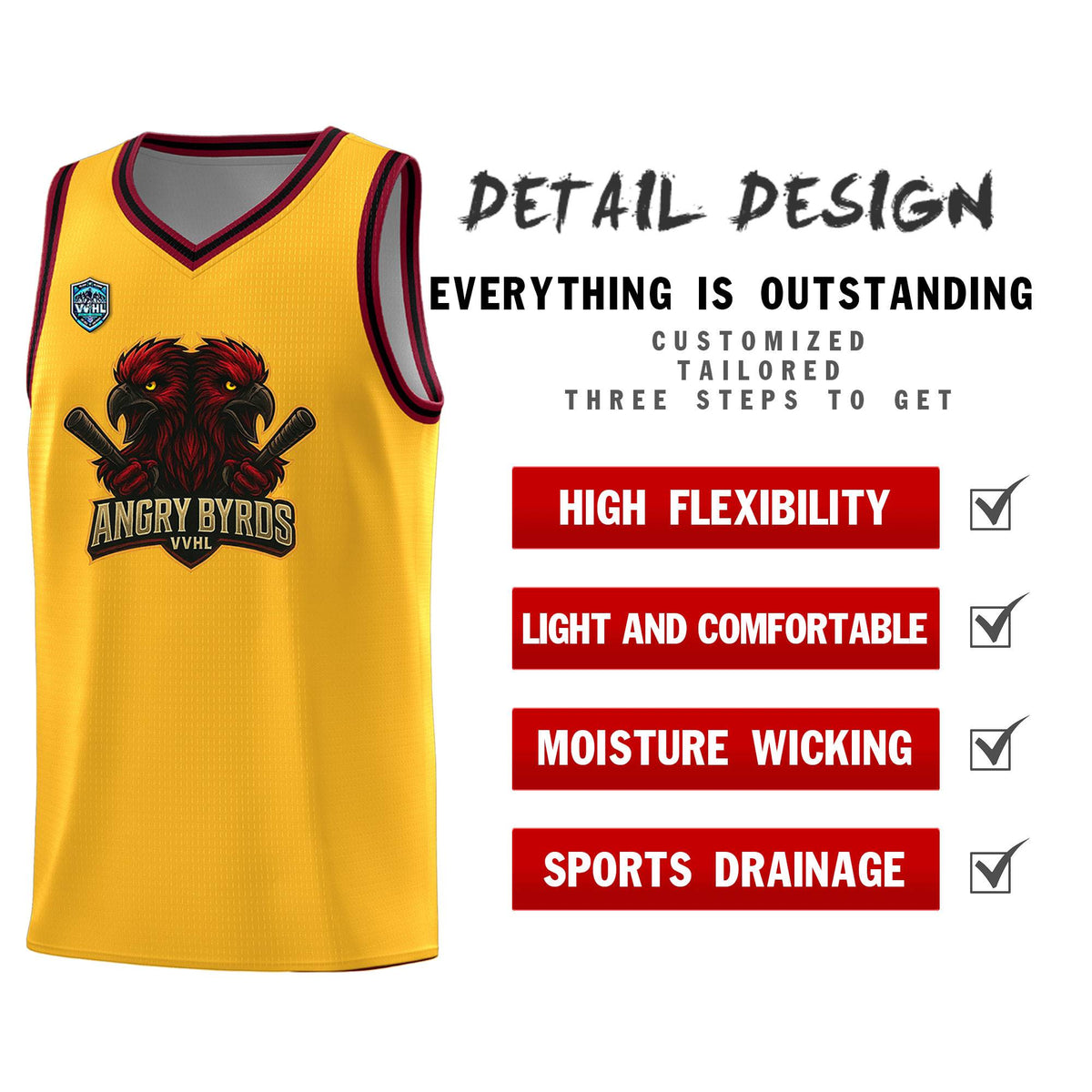 VVHL Yellow S7-Angry-Byrds-1 Tops Basketball Jersey Limited