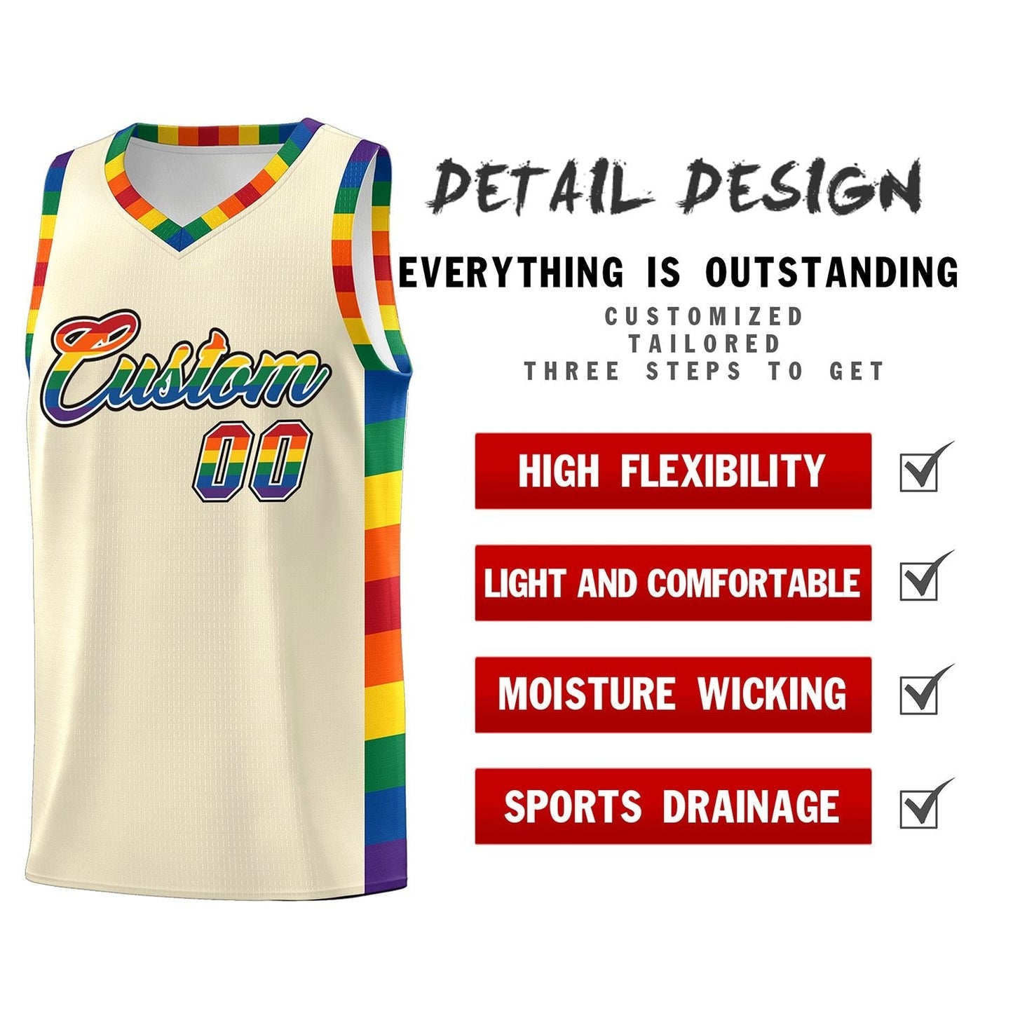 Custom Cream LGBT Rainbow For Pride Month Sports Uniform Basketball Jersey Limited