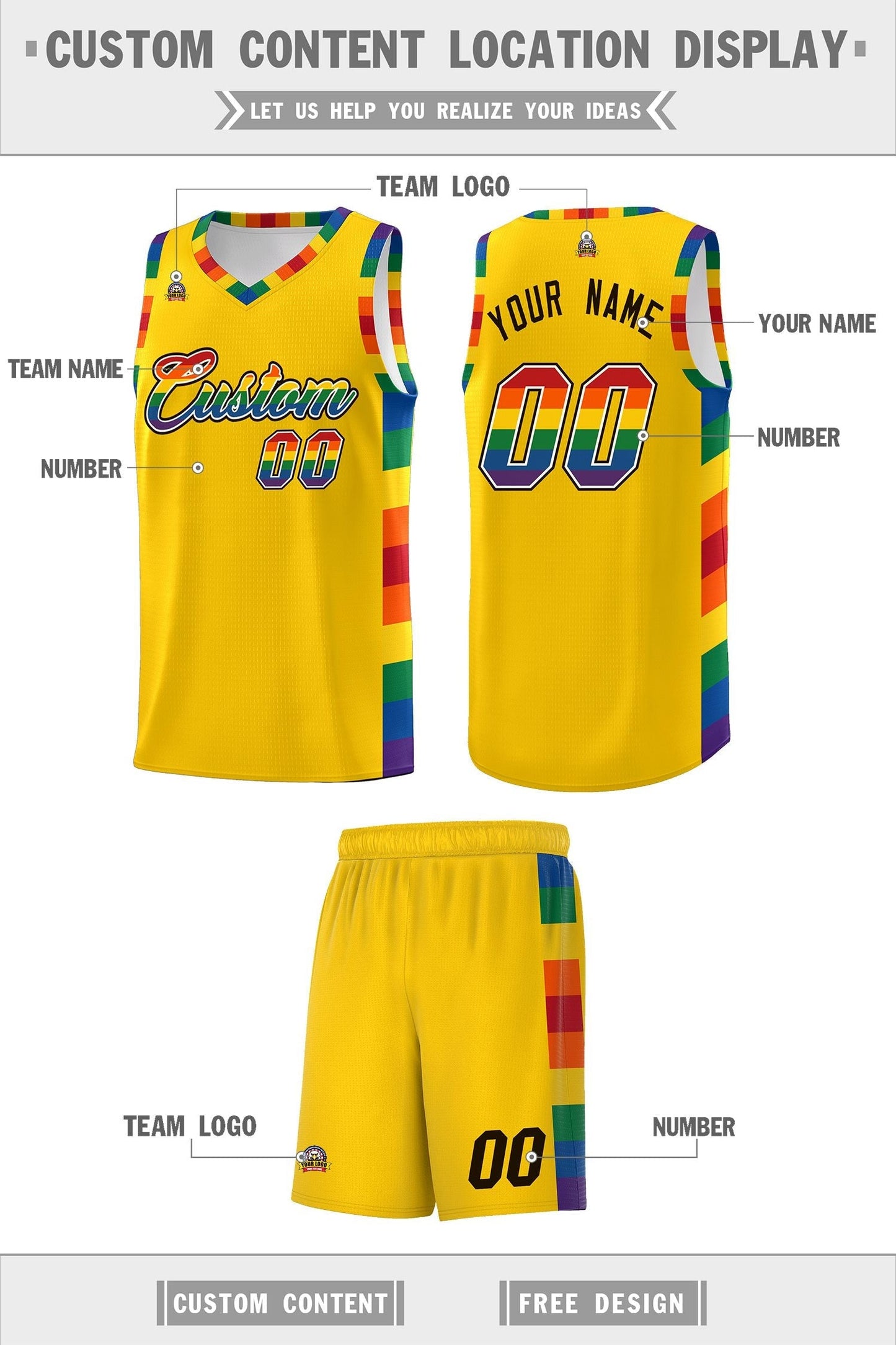 Custom Gold LGBT Rainbow For Pride Month Sports Uniform Basketball Jersey Limited