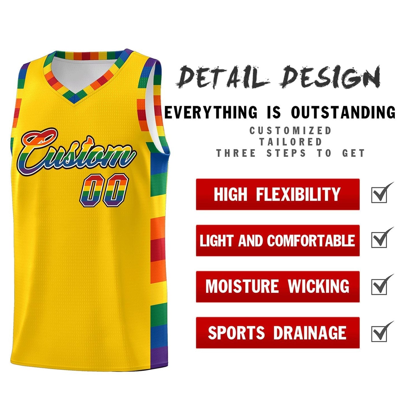 Custom Gold LGBT Rainbow For Pride Month Sports Uniform Basketball Jersey Limited