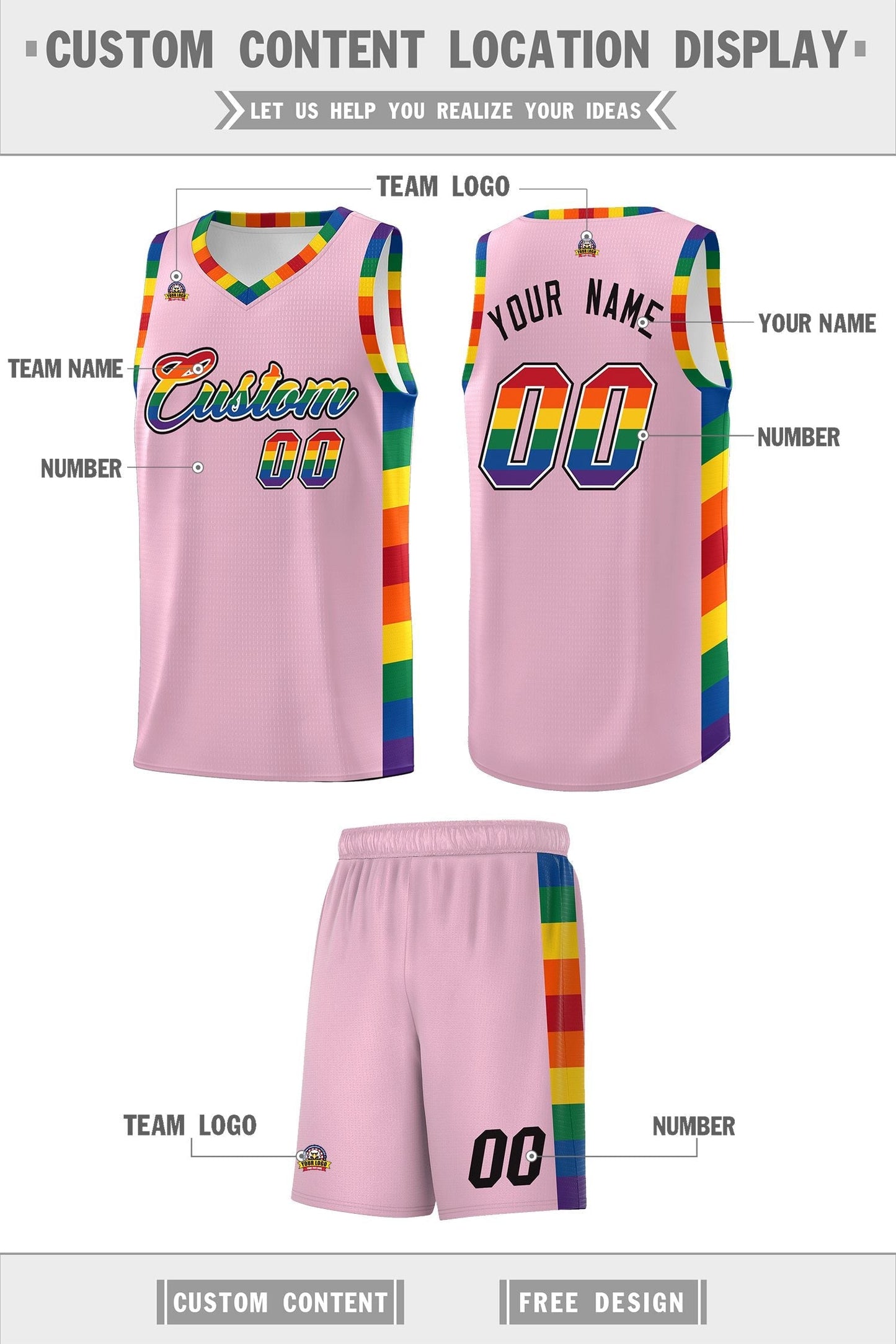 Custom Light Pink LGBT Rainbow For Pride Month Sports Uniform Basketball Jersey Limited