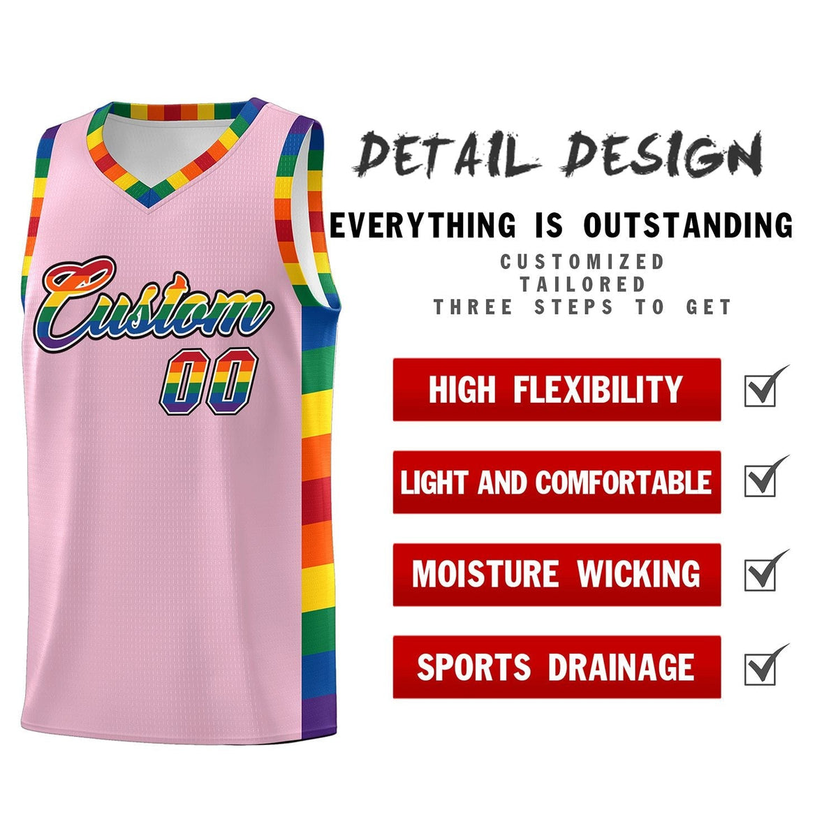 Custom Light Pink LGBT Rainbow For Pride Month Sports Uniform Basketball Jersey Limited