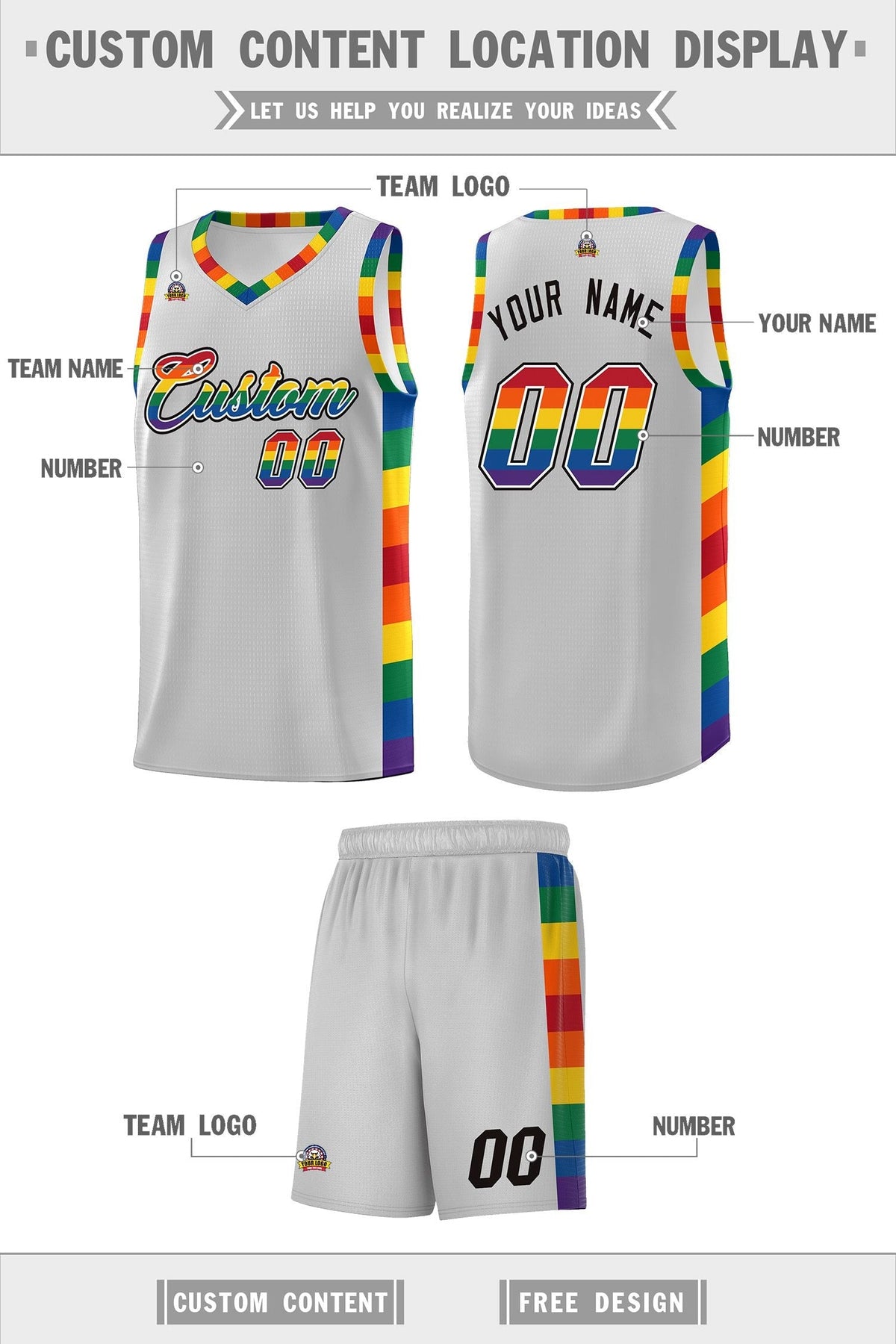 Custom Gray LGBT Rainbow For Pride Month Sports Uniform Basketball Jersey Limited