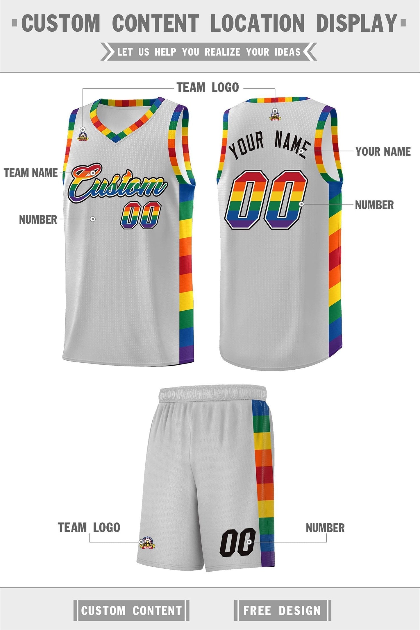 Custom Gray LGBT Rainbow For Pride Month Sports Uniform Basketball Jersey Limited