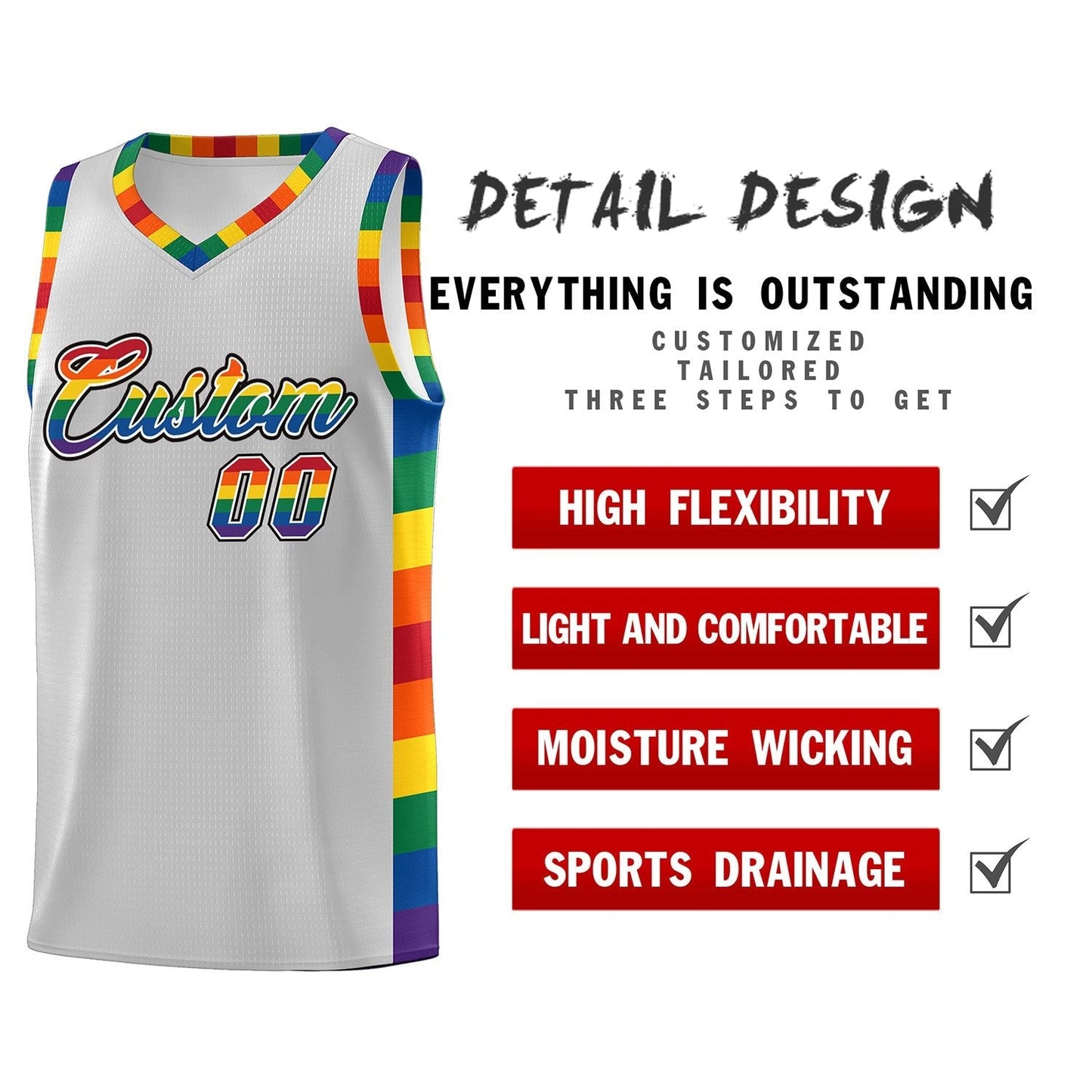 Custom Gray LGBT Rainbow For Pride Month Sports Uniform Basketball Jersey Limited