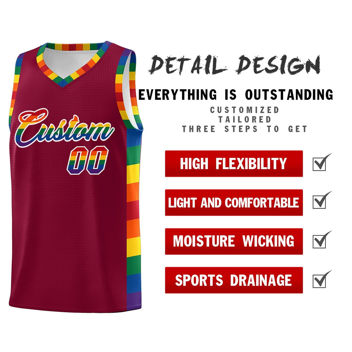 Custom Crimson LGBT Rainbow For Pride Month Sports Uniform Basketball Jersey Limited