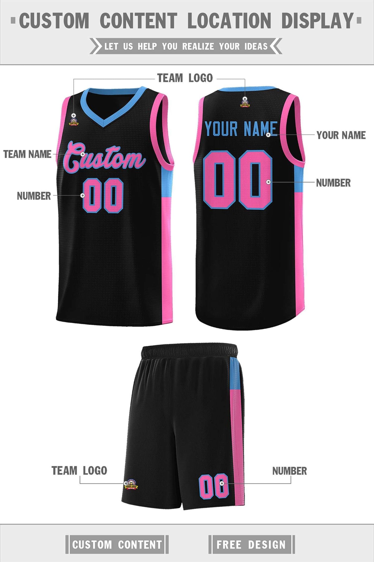 Custom Black Pink-Blue Side Two-Tone Classic Sports Uniform Basketball Jersey Limited