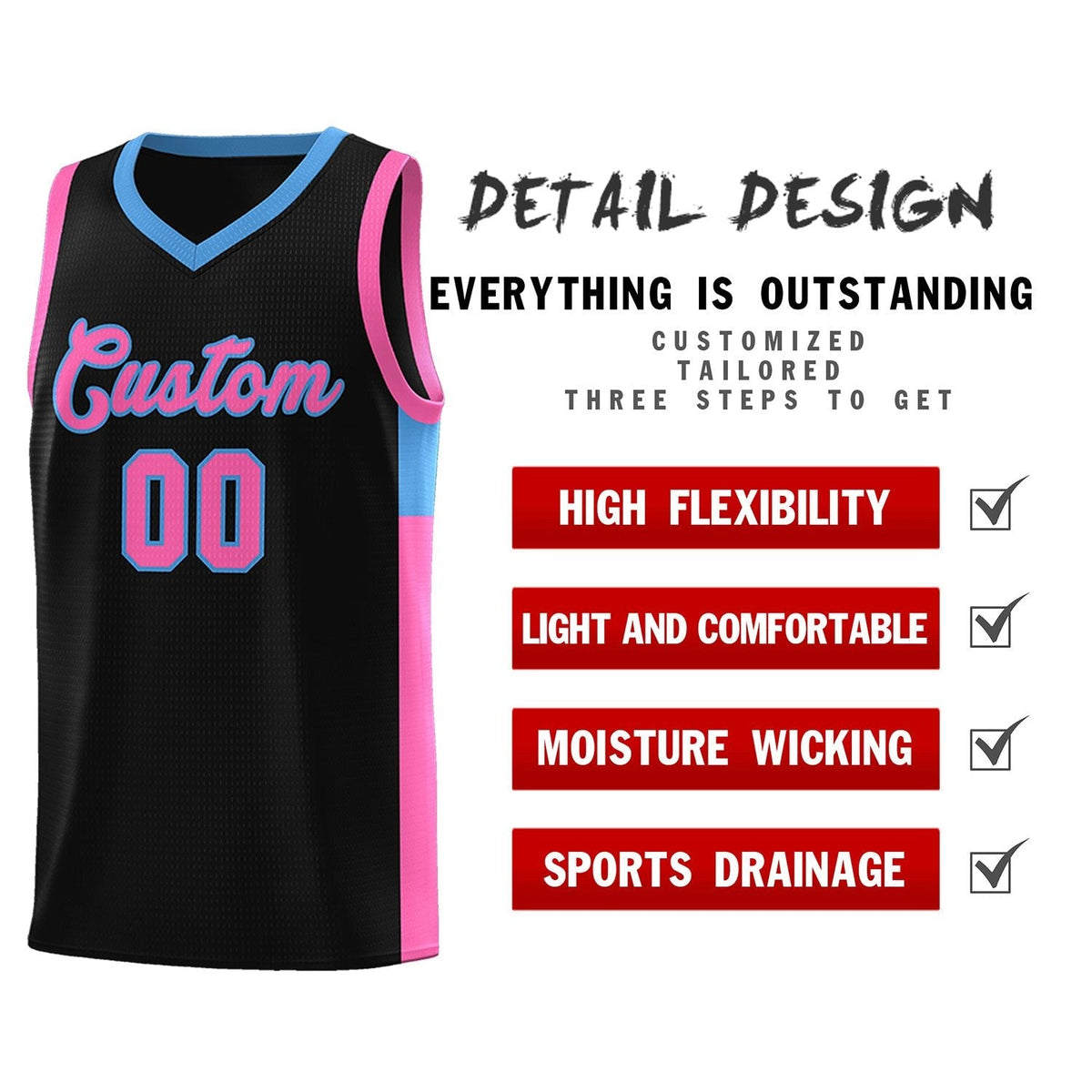 Custom Black Pink-Blue Side Two-Tone Classic Sports Uniform Basketball Jersey Limited