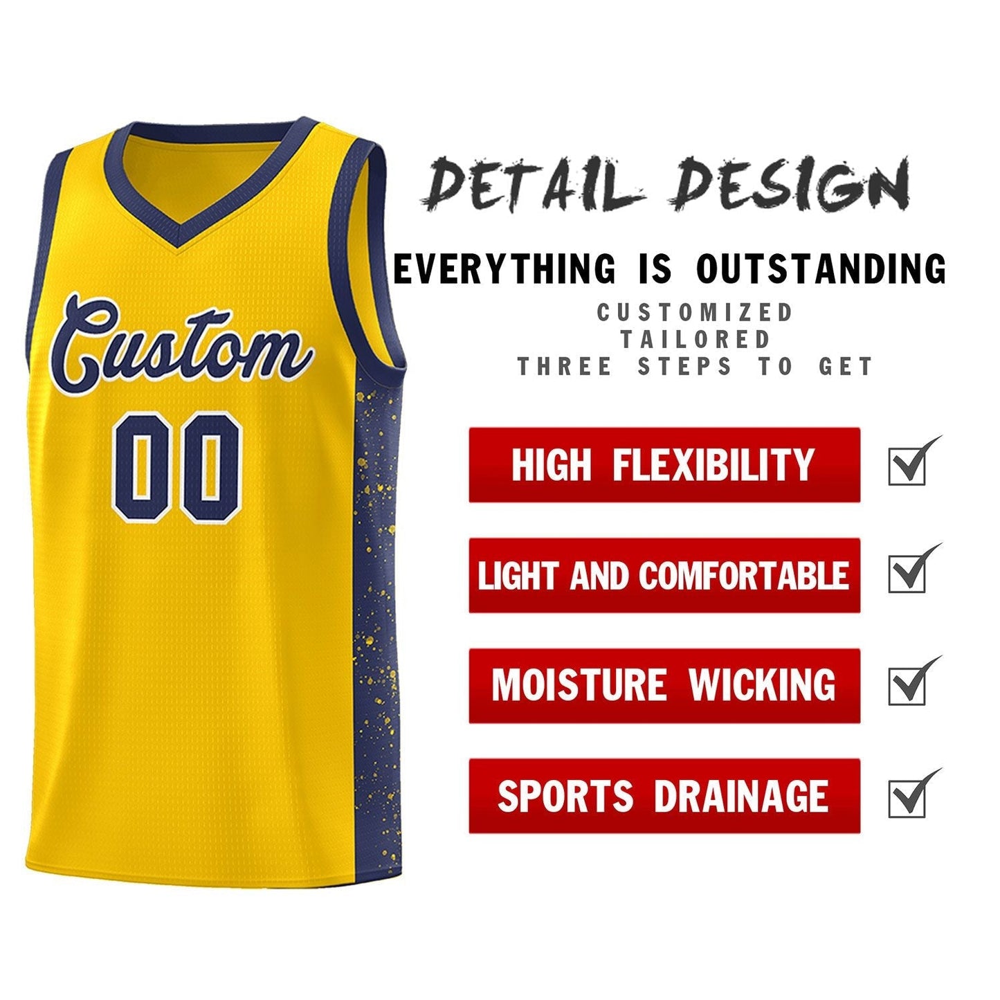 Custom Gold Navy-White Side Splash Sports Uniform Basketball Jersey Limited
