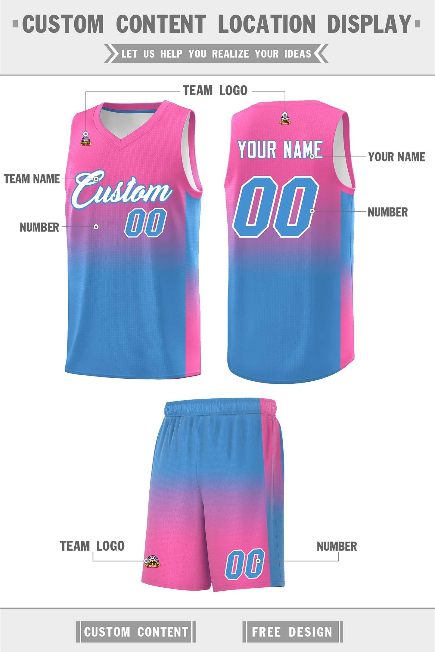 Custom Pink Powder Blue Gradient Fashion Sets Sports Uniform Basketball Jersey Limited