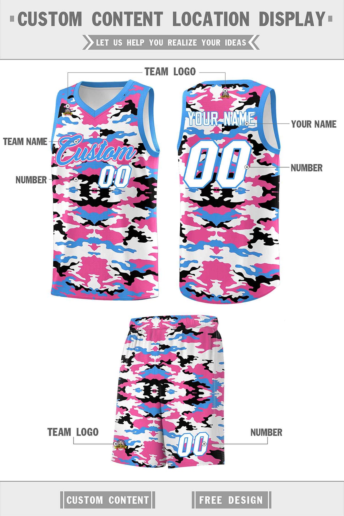 Custom Powder Blue Pink-Black-White Personalized Camo Sets Sports Uniform Basketball Jersey Limited