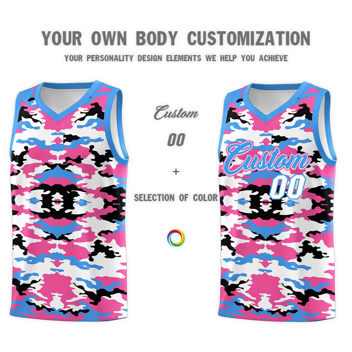 Custom Powder Blue Pink-Black-White Personalized Camo Sets Sports Uniform Basketball Jersey Limited