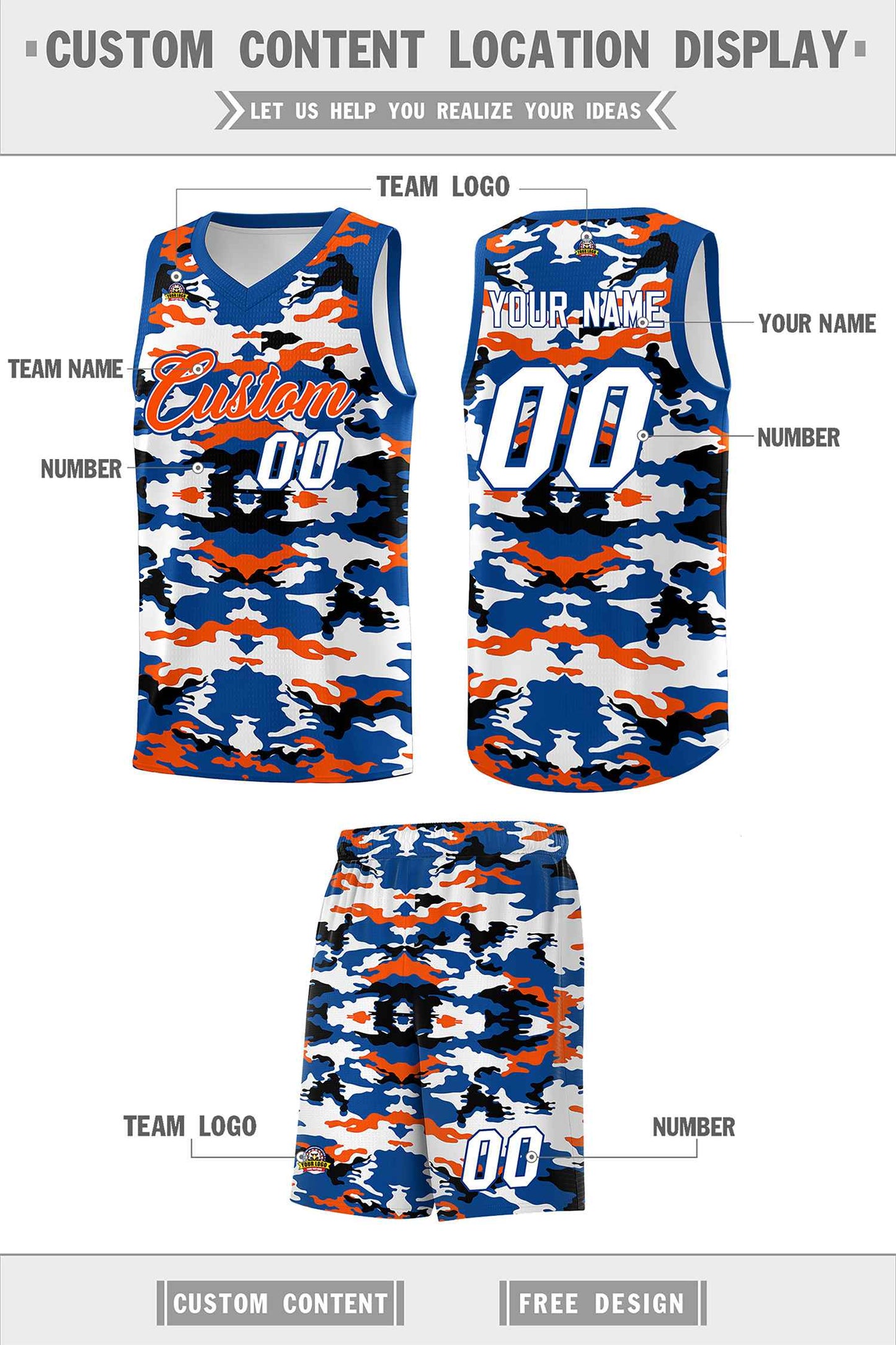 Custom Royal Orange-Black-White Personalized Camo Sets Sports Uniform Basketball Jersey Limited