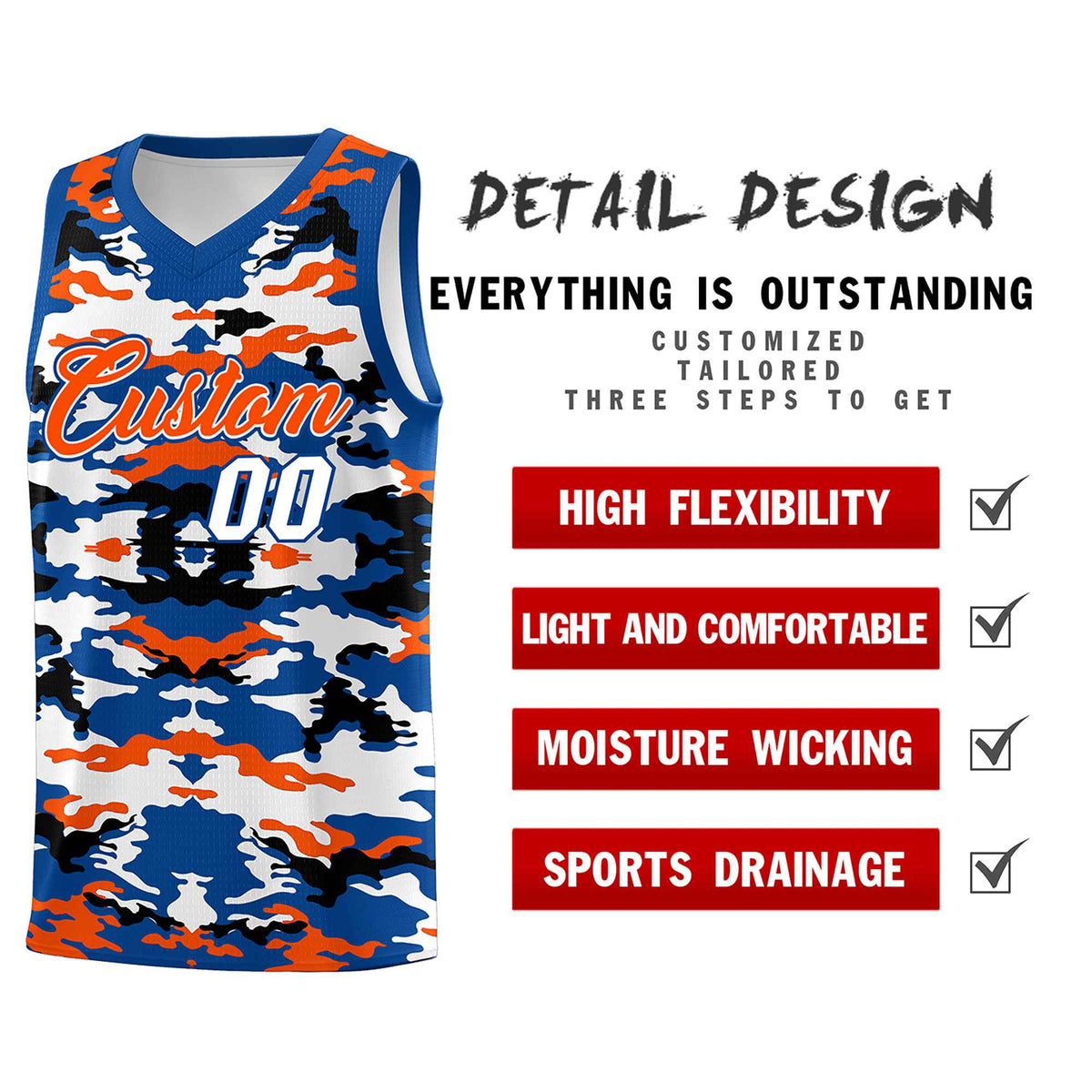 Custom Royal Orange-Black-White Personalized Camo Sets Sports Uniform Basketball Jersey Limited