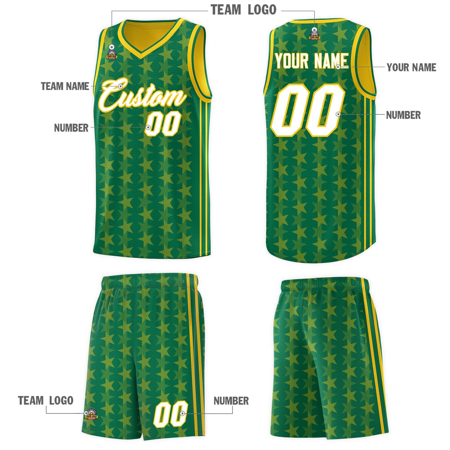 Custom Kelly Green Gold Star Graffiti Pattern Sets Sports Uniform Basketball Jersey Limited