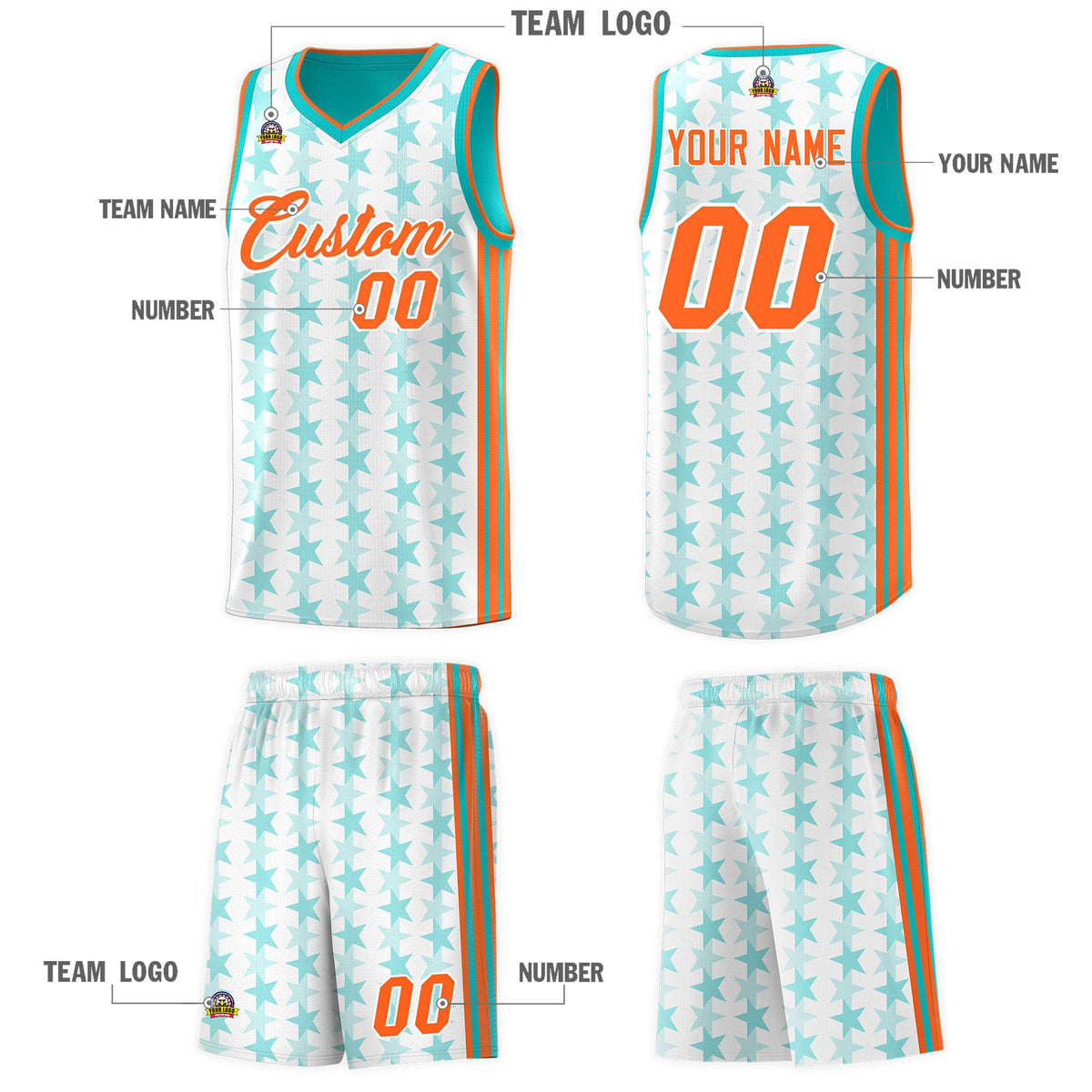 Custom White Aqua Star Graffiti Pattern Sets Sports Uniform Basketball Jersey Limited