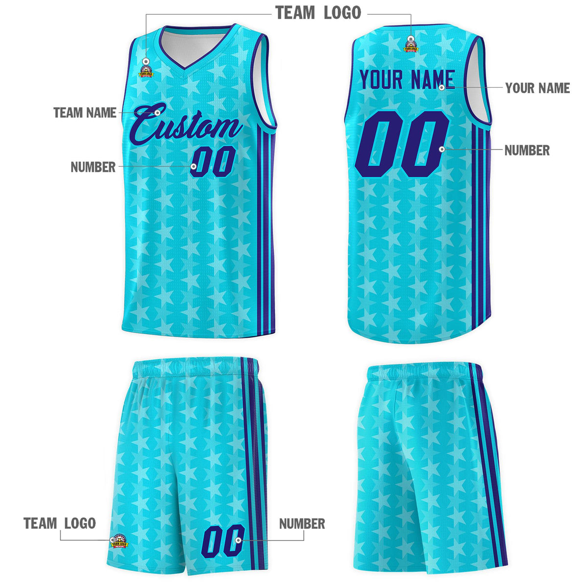 Custom Sky Blue White Star Graffiti Pattern Sets Sports Uniform Basketball Jersey Limited