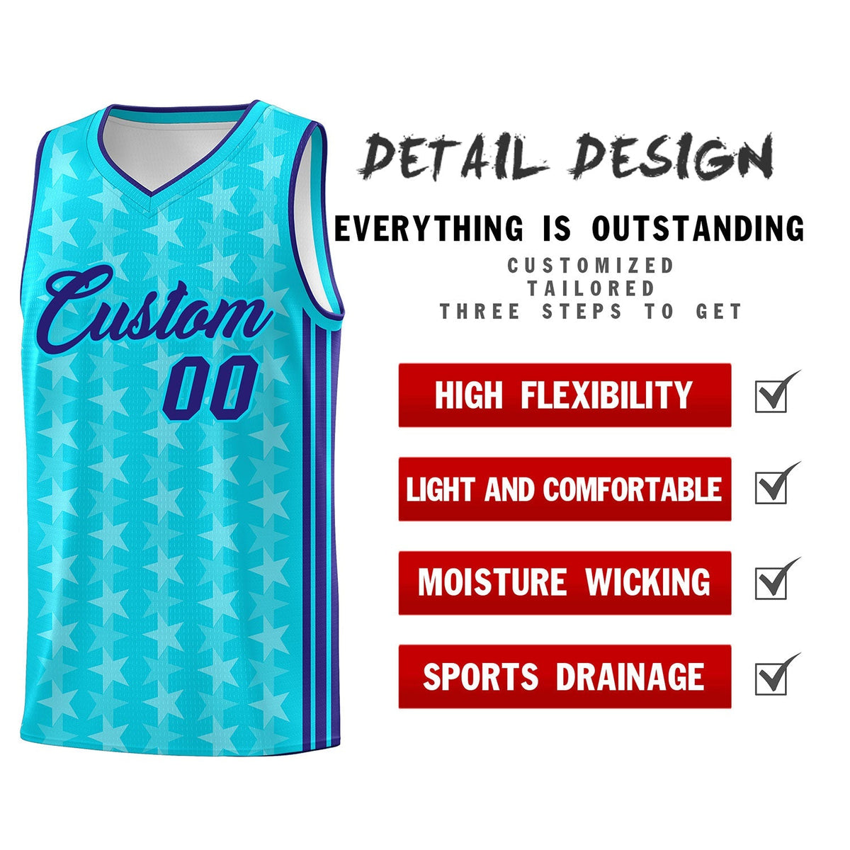Custom Sky Blue White Star Graffiti Pattern Sets Sports Uniform Basketball Jersey Limited