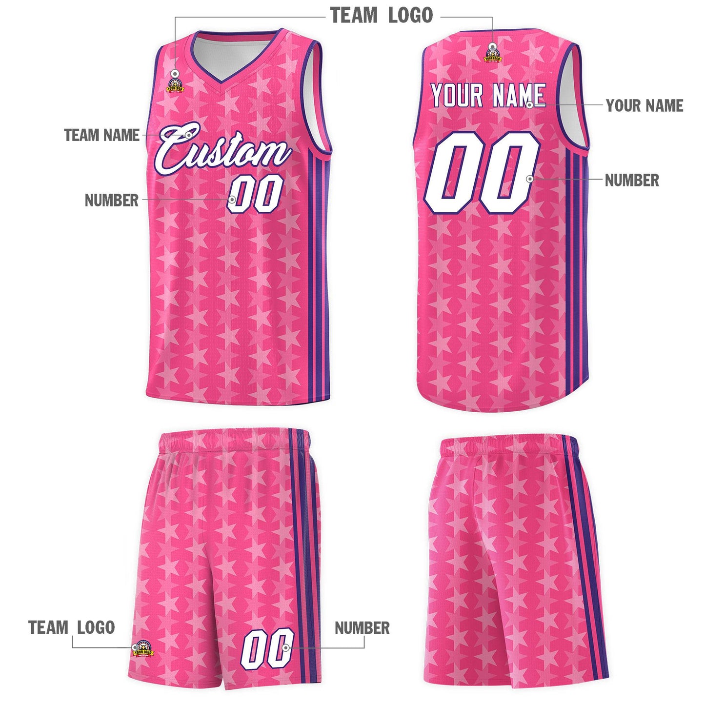 Custom Pink White Star Graffiti Pattern Sets Sports Uniform Basketball Jersey Limited