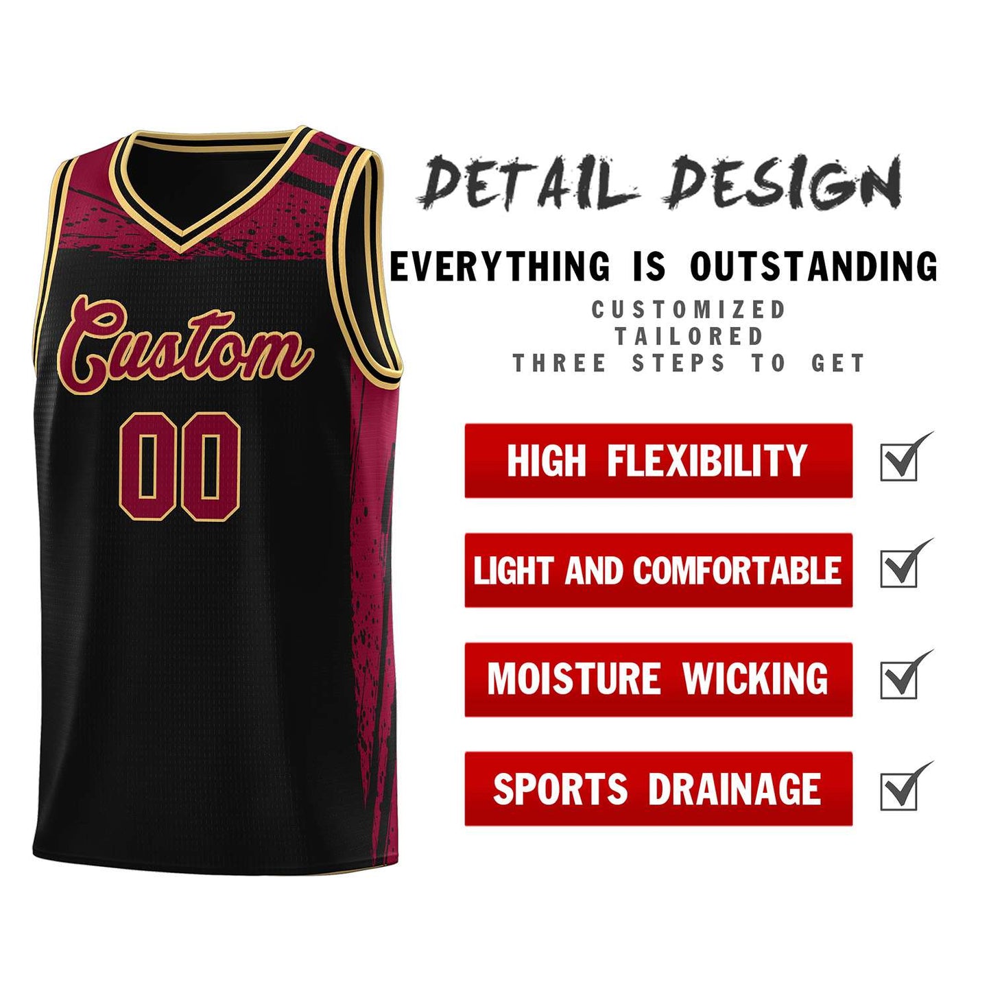Custom Black Crimson Graffiti Pattern Sports Uniform Basketball Jersey Limited