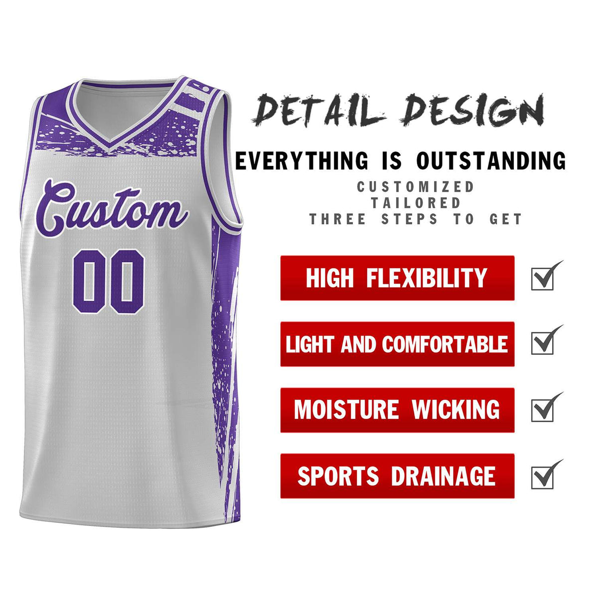 Custom Gray Purple Graffiti Pattern Sports Uniform Basketball Jersey Limited