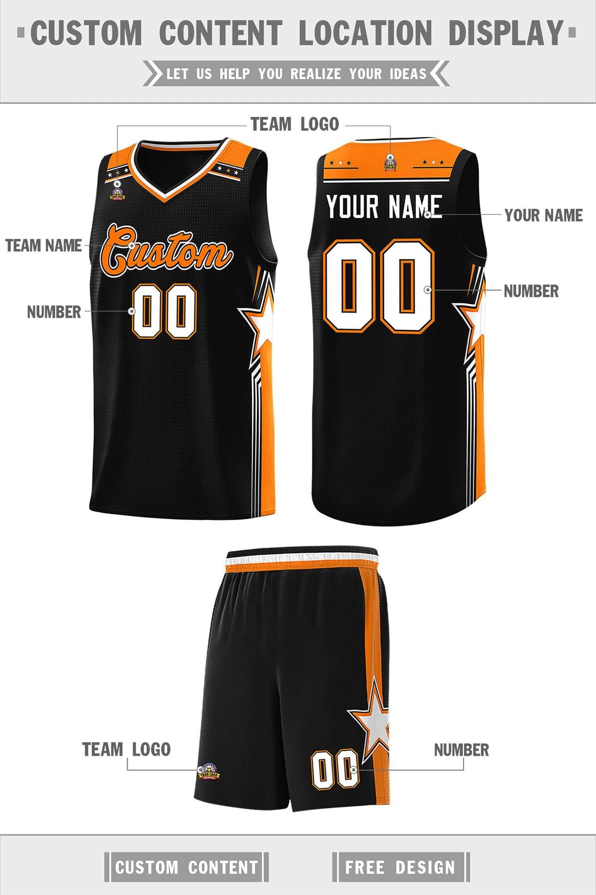 Custom Black Orange Star Graffiti Pattern Sports Uniform Basketball Jersey Limited
