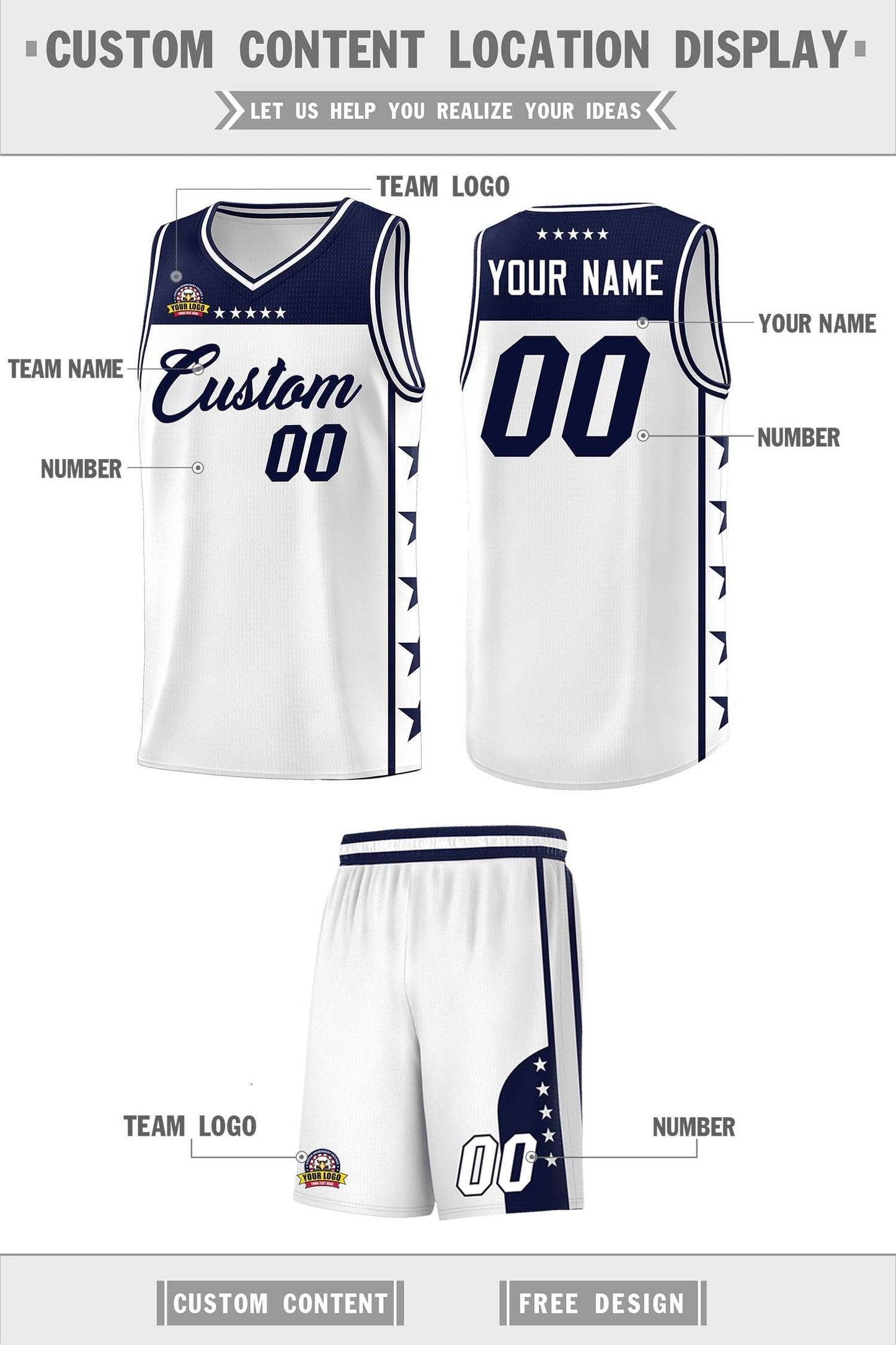 Custom White Navy Personalized Star Pattern Sports Uniform Basketball Jersey Limited