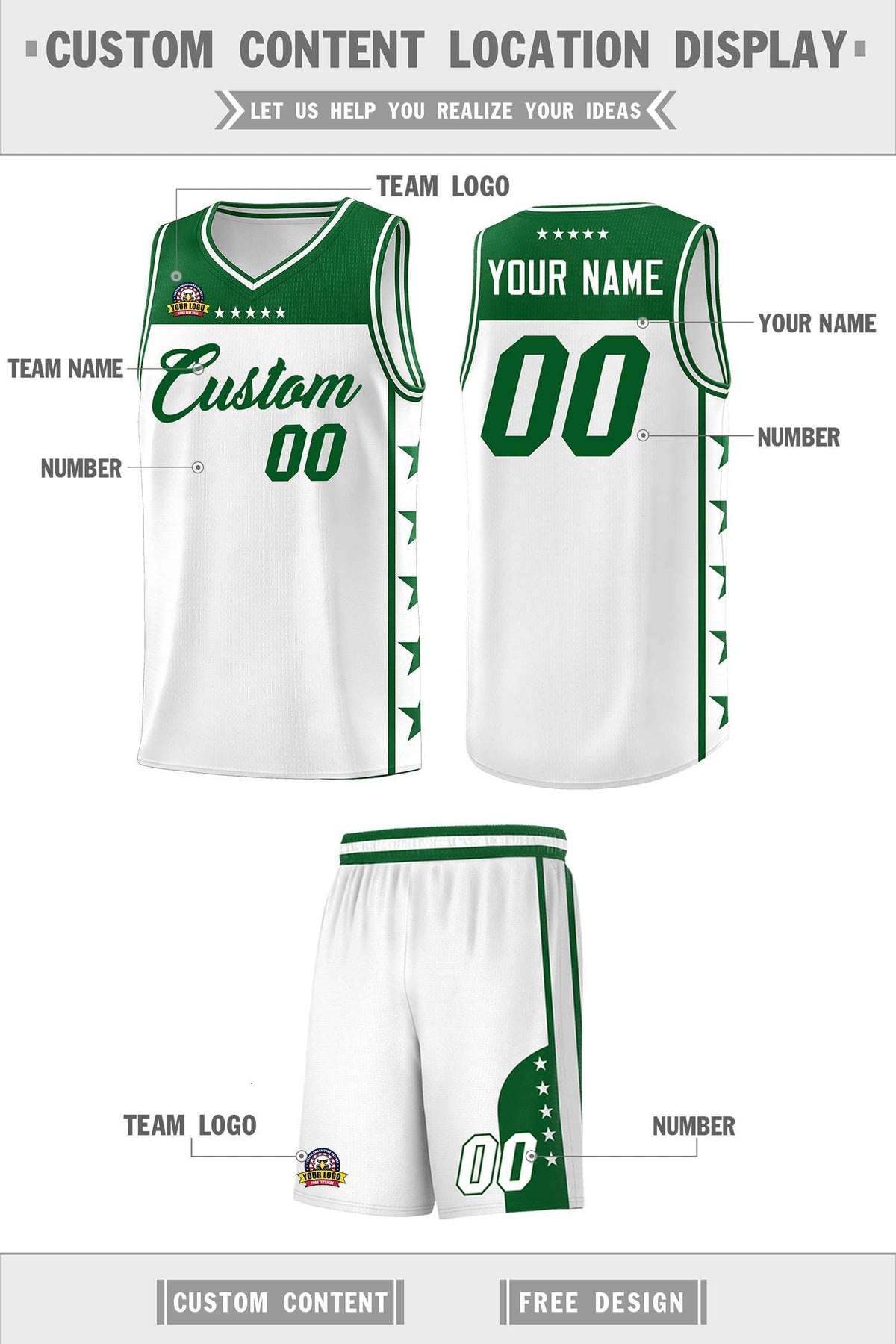 Custom White Kelly Green Personalized Star Pattern Sports Uniform Basketball Jersey Limited