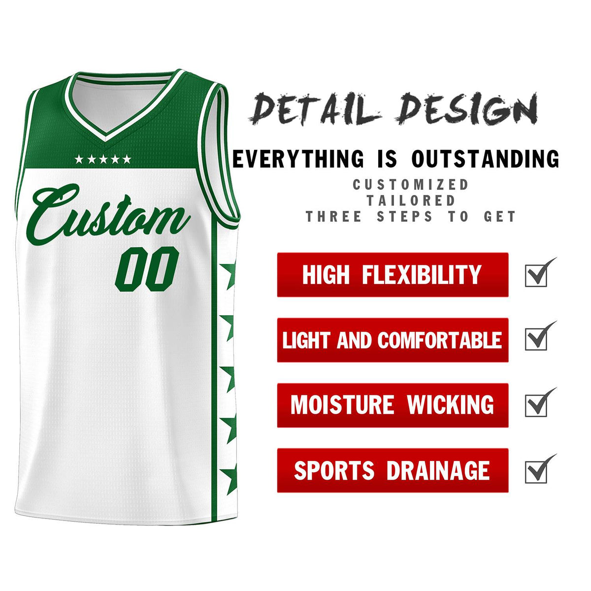 Custom White Kelly Green Personalized Star Pattern Sports Uniform Basketball Jersey Limited