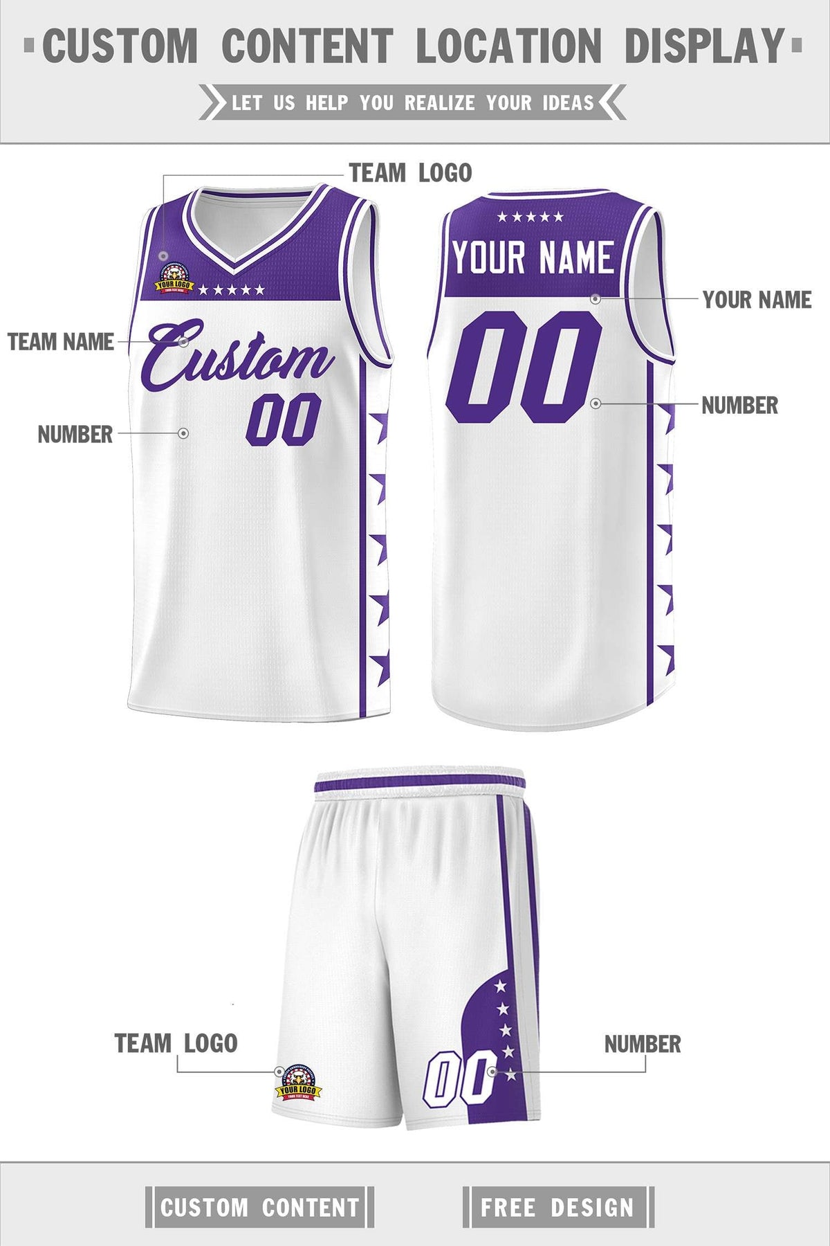 Custom White Purple Personalized Star Pattern Sports Uniform Basketball Jersey Limited