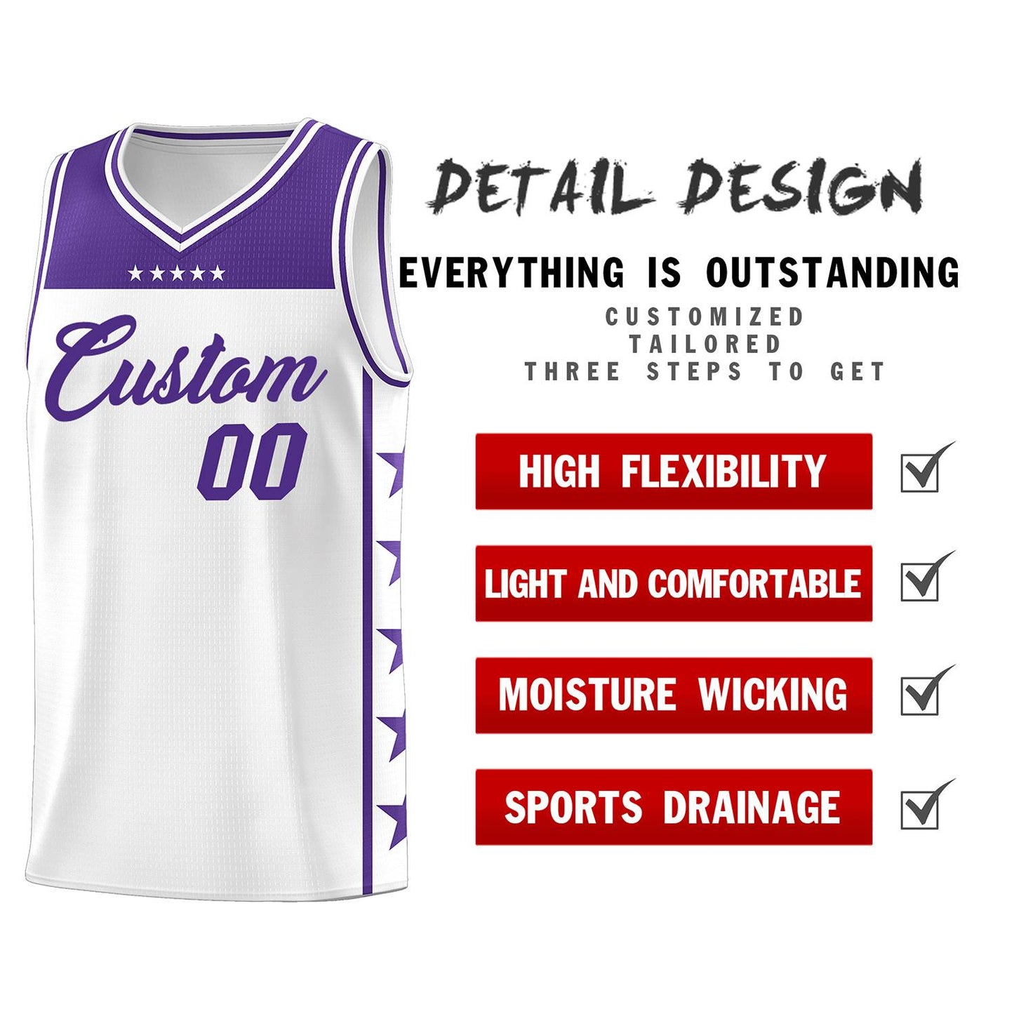 Custom White Purple Personalized Star Pattern Sports Uniform Basketball Jersey Limited