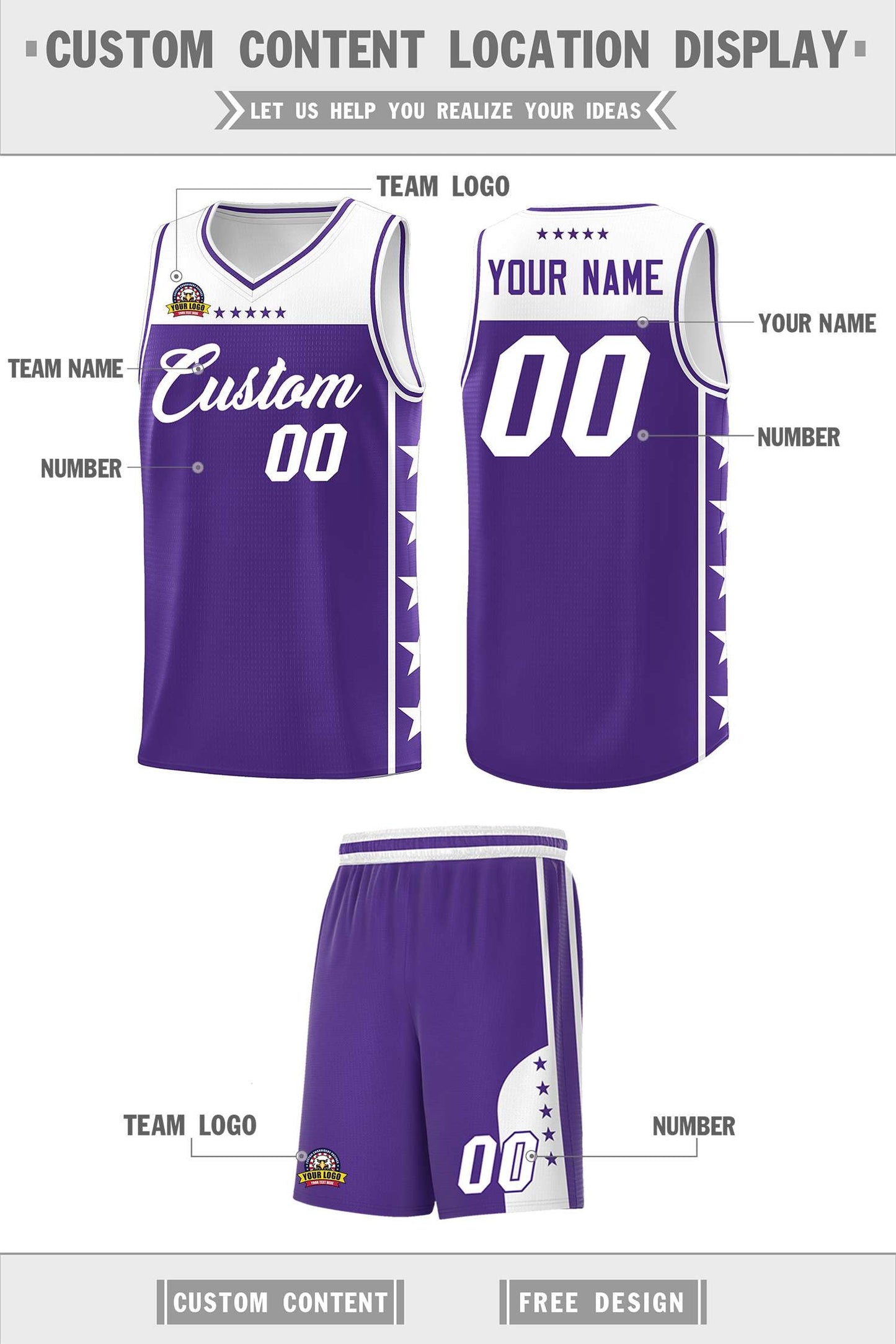 Custom Purple White Personalized Star Pattern Sports Uniform Basketball Jersey Limited