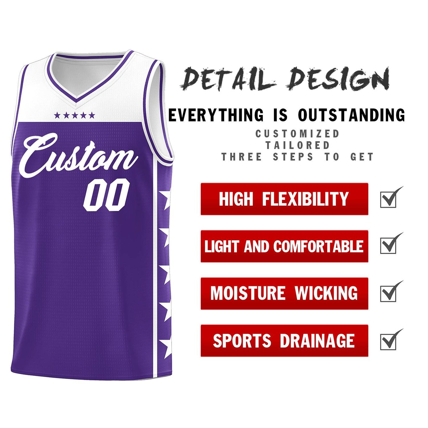 Custom Purple White Personalized Star Pattern Sports Uniform Basketball Jersey Limited
